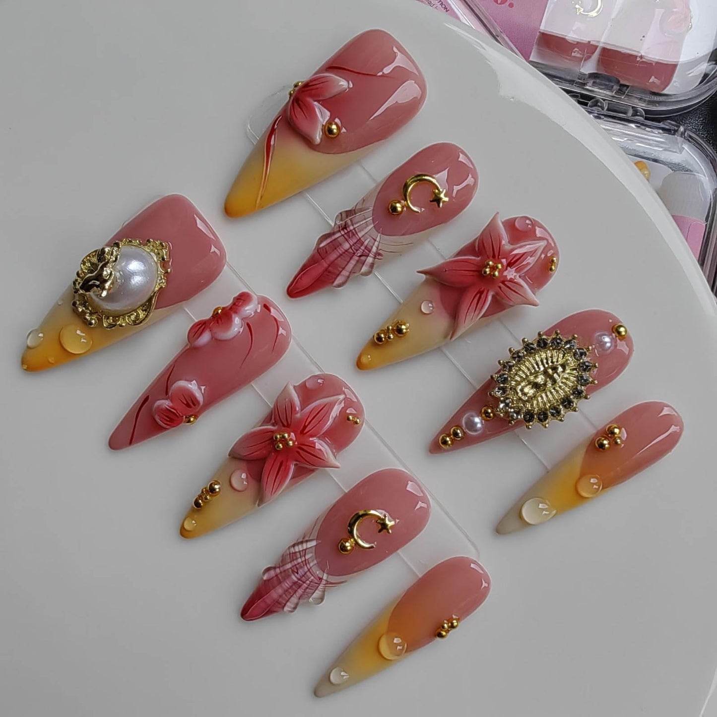 Gleamrain Pink Handmade Press on Nails Long Almond False Nails with French Tips and Shell and 3d Flower Luxury Professional Nail for Women 10pcs Pattern 27