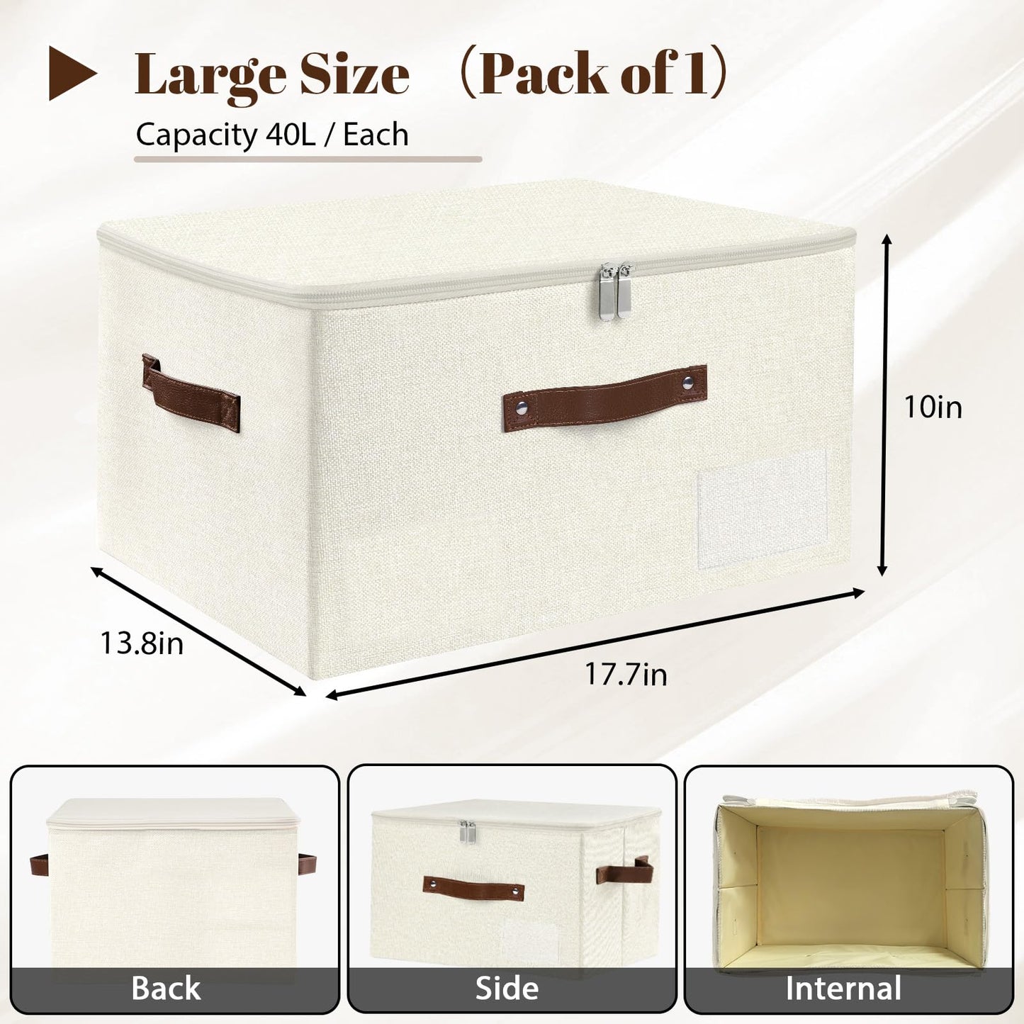 ANMINY Storage Bins with Zipper Lid Storage Boxes with Label Holder PU Leather Handles Washable Foldable Decorative Lidded Cotton Linen Fabric Cubes Baskets Closet Organizer - Beige, Large