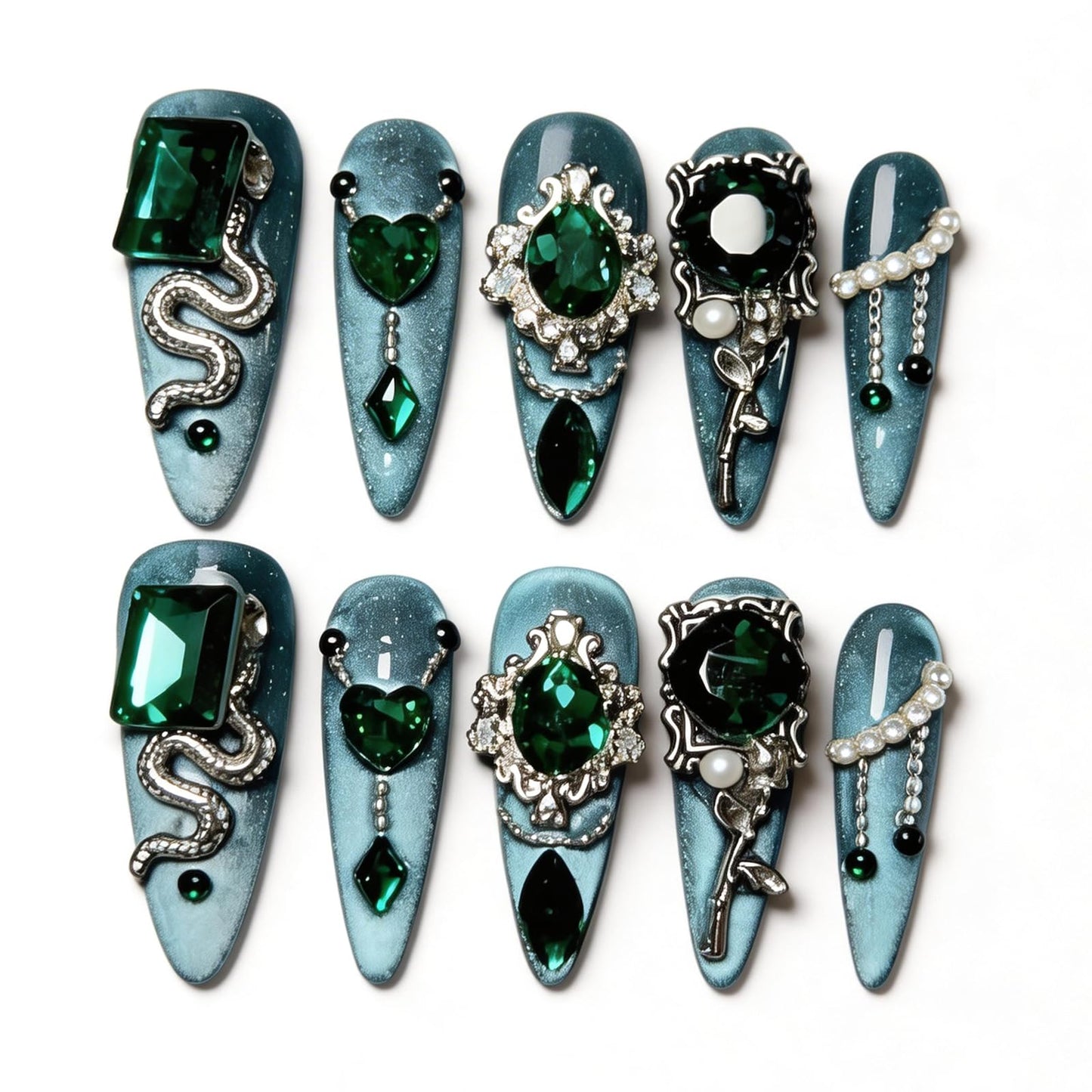 SILPECWEE 10PCS Almond Press on Nails Medium Green Cat Eye Fake Nails with Green Gem Alloy Nail Charms, Handmade Acrylic Long Press ons Nails for Women Manicure Supplies