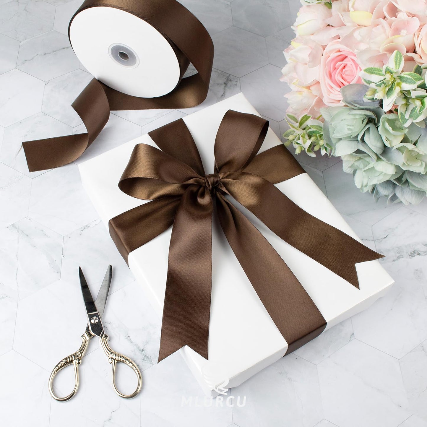 Mlurcu Brown Satin Ribbon - 1.5 Inch, 50 Yards, Double Faced, Thick, Perfect for Gift Wrapping, Flower Bouquets, Wedding Invitations, Hair Bows & Crafts