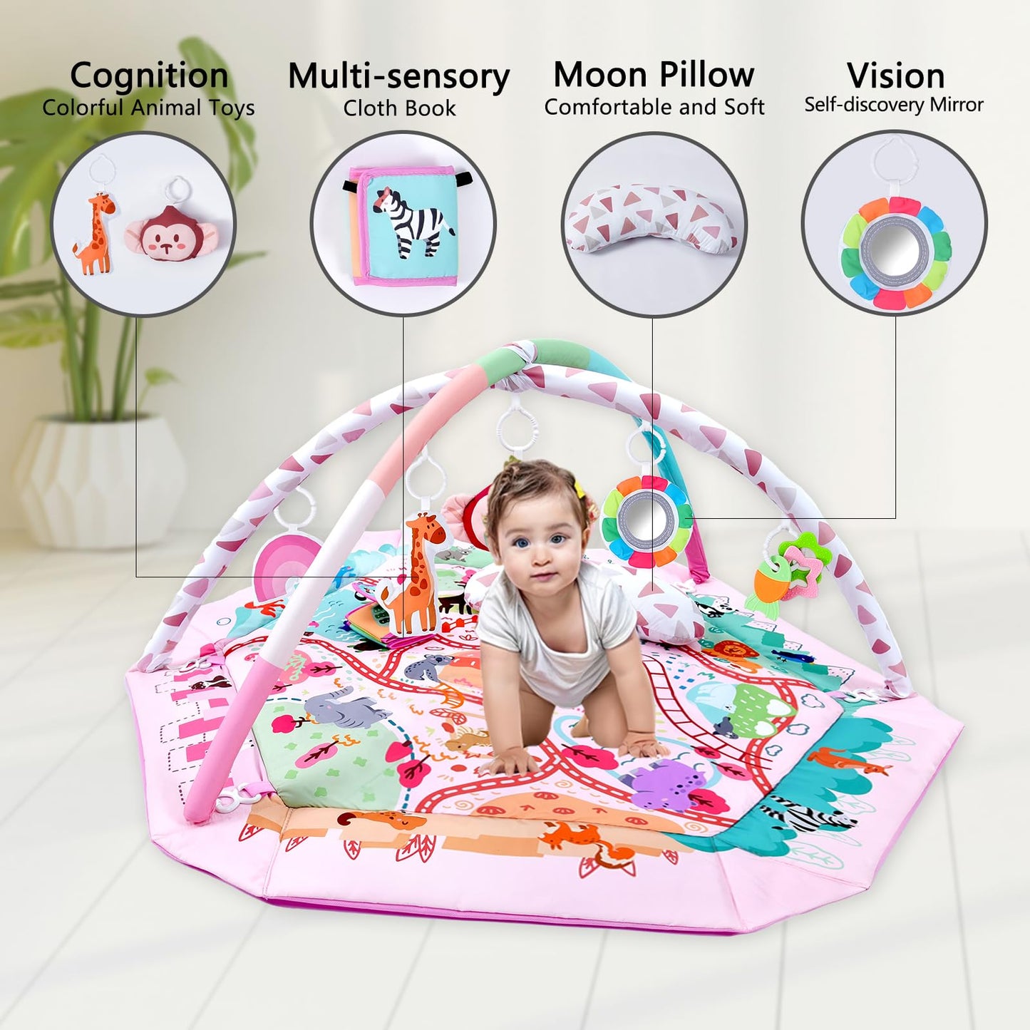 TFDER Baby Gym Play Mat, 8-in-1 Tummy Time Mat & Activity Gym, Washable Ball Pit, Infant Play Mat with Detachable Toys for Sensory Exploration and Motor Skill Development