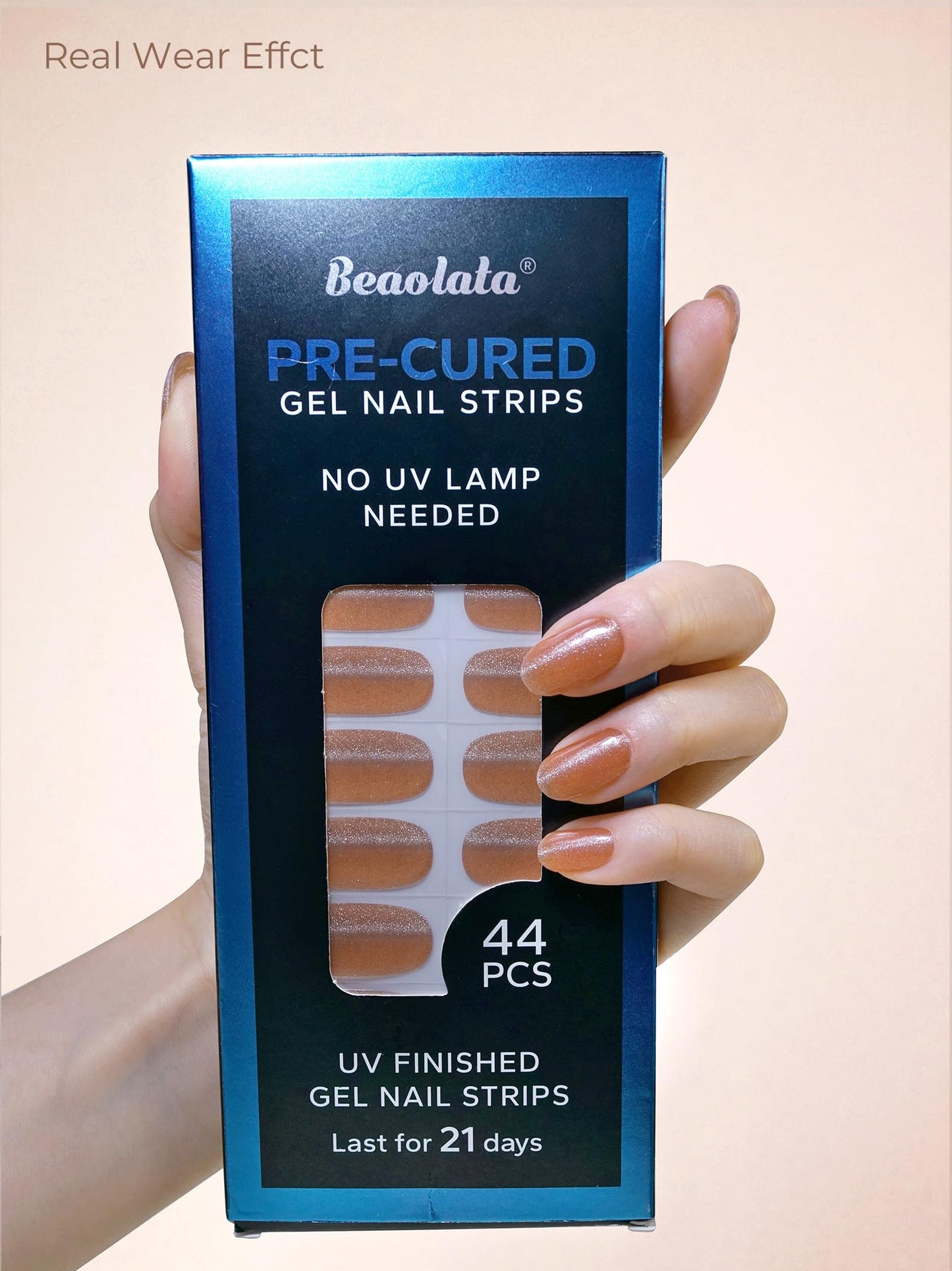 Beaolata Real Gel Nail Strips (No UV Light Needed) - 44Pcs Salon Quality Nail Stickers - Long Lasting Polish Wraps for Women, Easy Apply & Remove (Pink Gold Shimmer)