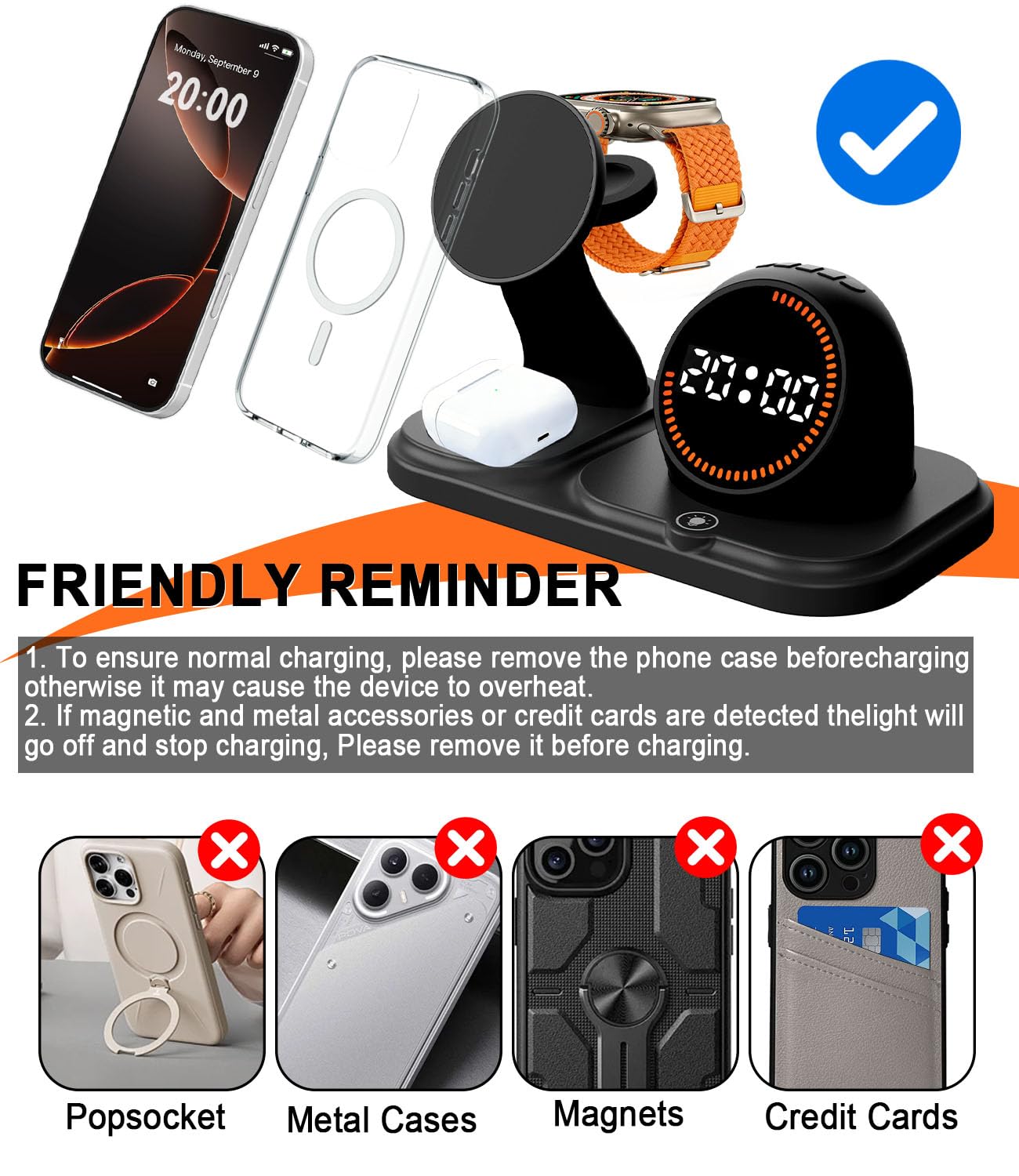 Wireless Charging Station with Clock,6-in-1 Charging Stand for Multiple Devices for iPhone 17 16 15 14 13 12 Pro Max, Apple Watch, Airpods, Bluetooth Speaker + RGB Light