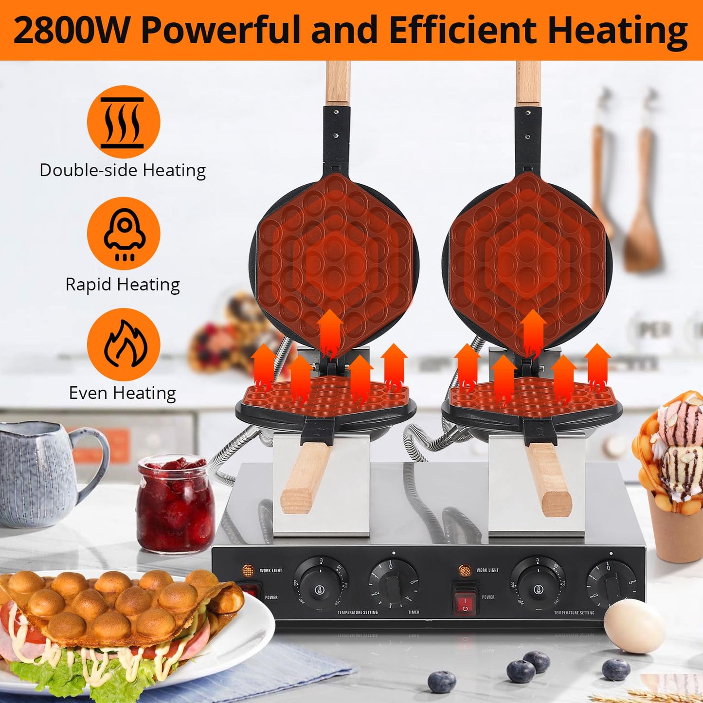 Garvee Electric Bubble Waffle Maker, 2800W Round Waffle Iron Bubble Waffle Maker Non-Stick Egg Machine for Home and Commercial Use, Double