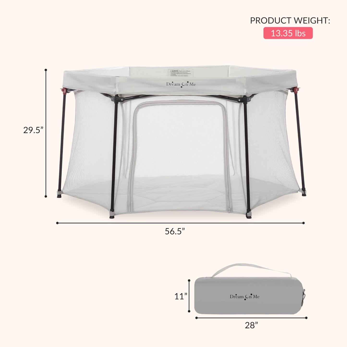 Dream On Me Onyx Baby Playpen, Zipper Access Door, Breathable Mesh Sides, Soft Comfortable Mattress Padded Floor, Easy Fold Design with Travel Carry Bag, Compact Easy to Fold Design - Grey