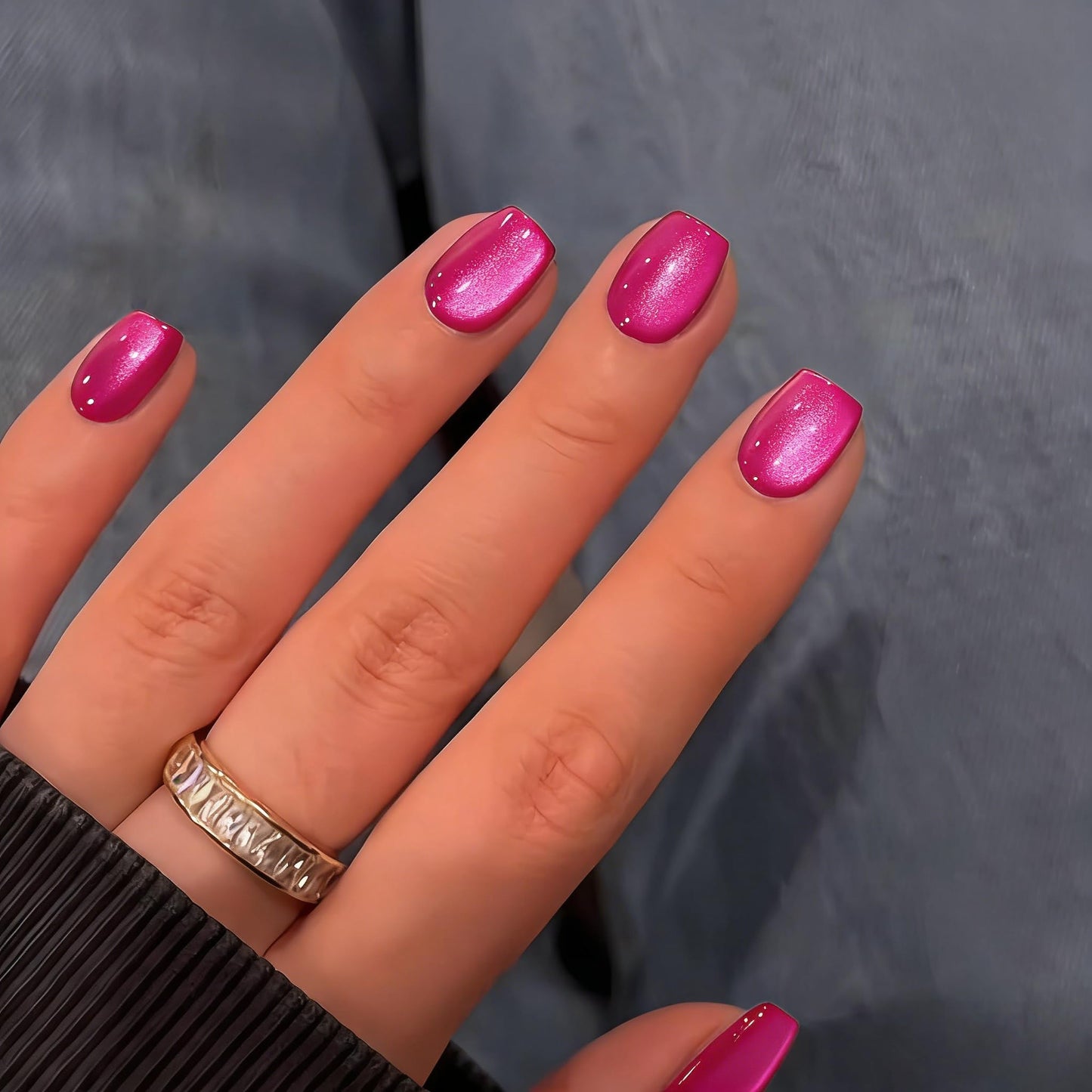 KQueenest Cat Eye Press on Nails Short, 30 Pcs Acrylic Press on Nails Square, Glass Hot Pink Fake Nails Press on Short, Chrome Design, Bright Vibrant Reusable Soft Gel Glue on Nails for Women Gift