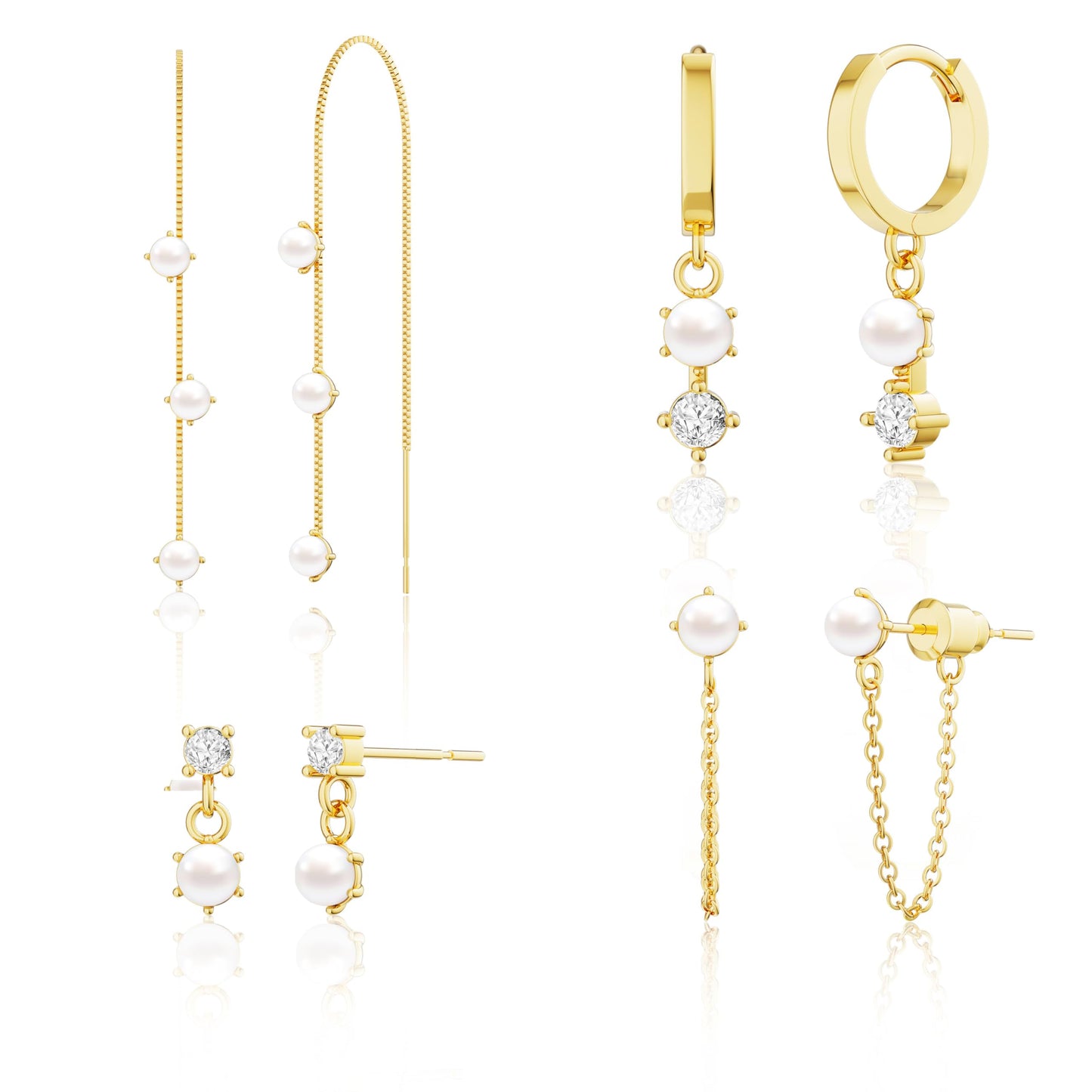 Moodear Dainty Pearl Studs Drop Hoop Earrings for Women - Trendy 14K Gold Plated Dangle Chain Baroque Pearls Hypoallergenic Earring Sets for Multiple Piercing