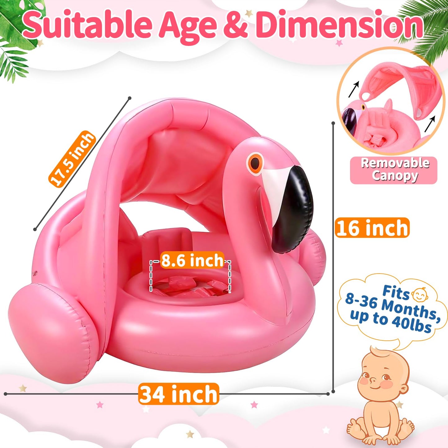 Flamingo Baby Pool Float with Canopy UPF 50+,Toddler Pool Float with Removable & Adjustable Sunshade,Inflatable Baby Swim Float with Back Holder for 8-36 Months Girls Boys Summer Essentials