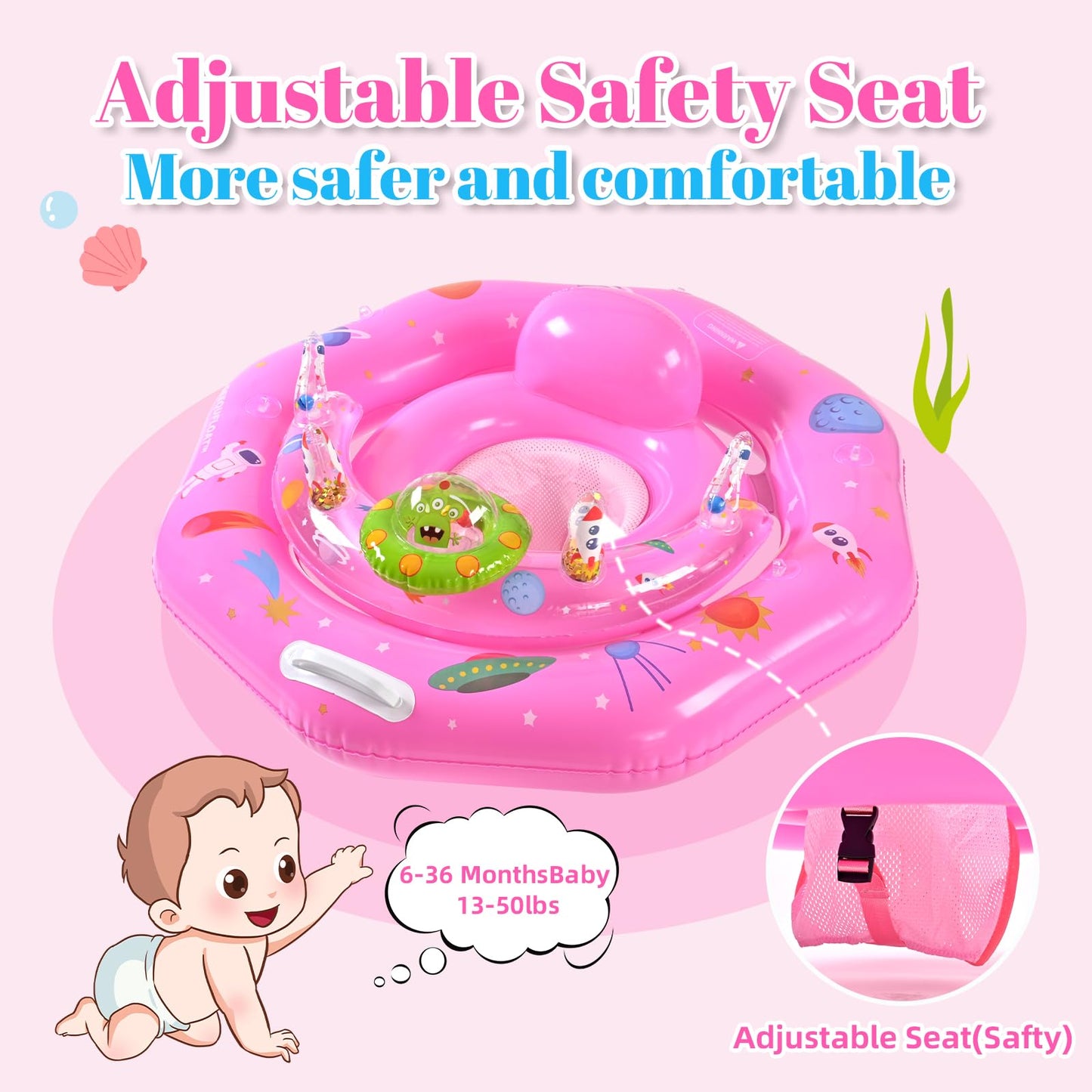 Baby Pool Float for 6-36 Months | Extra Wide Infant Pool Float with UPF50+ Canopy & Toy Play Console | Baby Floatie with Adjustable Safety Seat, Detachable Sunshade, Secure Handle & Safety Leash