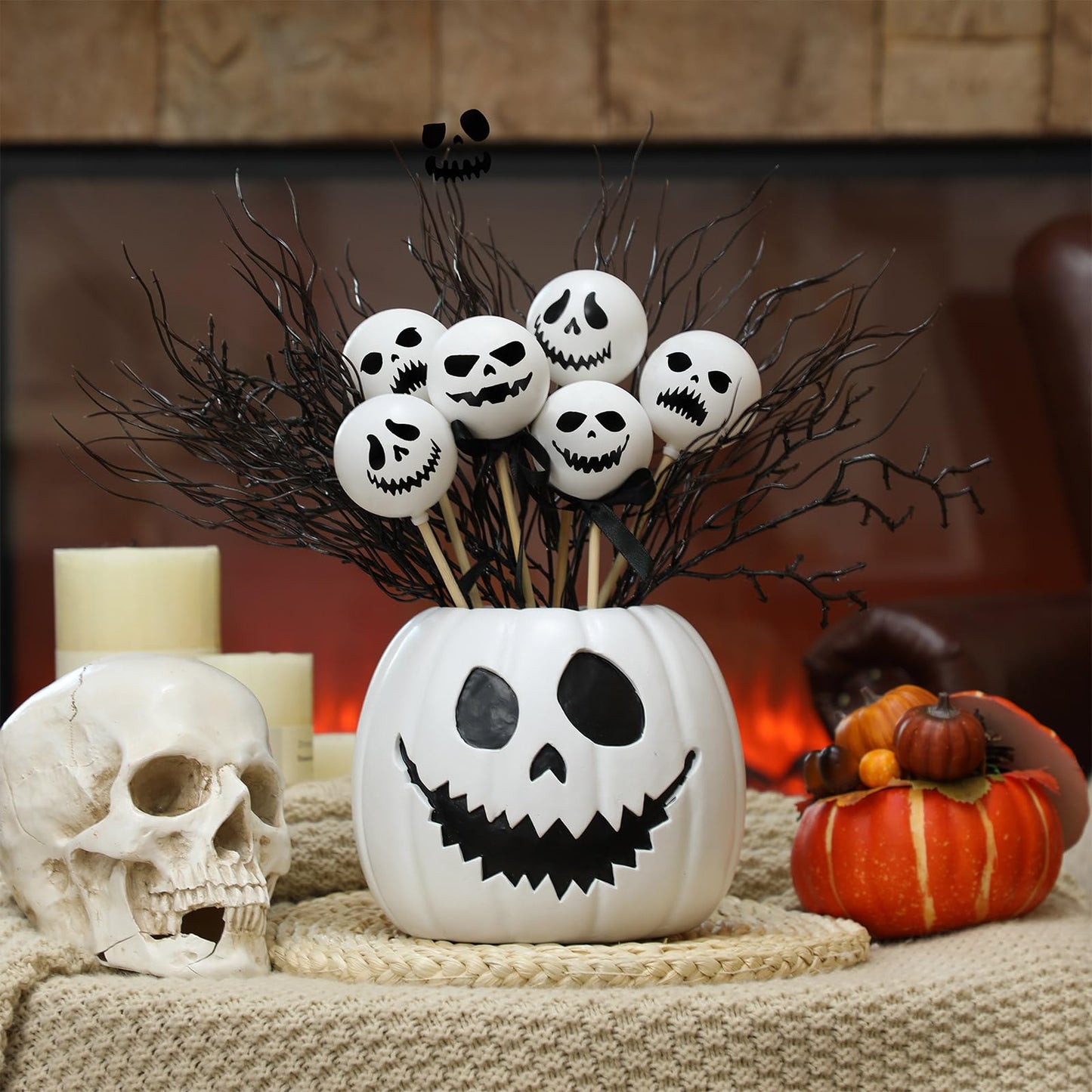 Wiwiqing Halloween Table Centerpieces Decor Resin Pumpkin Vase with Artificial Ghost Skull Face Balls Branch Flower Soil, Retro DIY Spooky Pumpkin Vase for Home Kitchen Indoor Decoration(Scary Face)