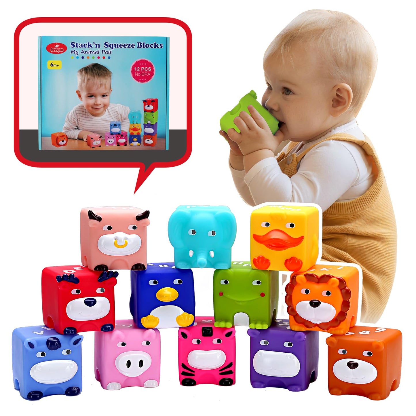 beeqoo Soft Baby Blocks – Stacking & Building Toys for Babies and Toddlers –12 Pcs No Hole Squeeze Animal Blocks – Sensory Teething Toys for Infant 6 Months+