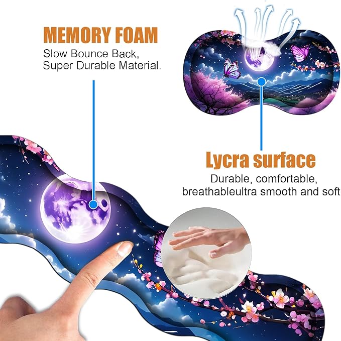 4 in 1 Ergonomic Keyboard Wrist Rest & Mouse Pad Wrist Rest Set, Large XXL Gaming Desk Mat 31.5"x 11.8" with Non-Slip Base, Memory Foam for Home Office Study Gaming, Moon Cherry Blossom Butterfly