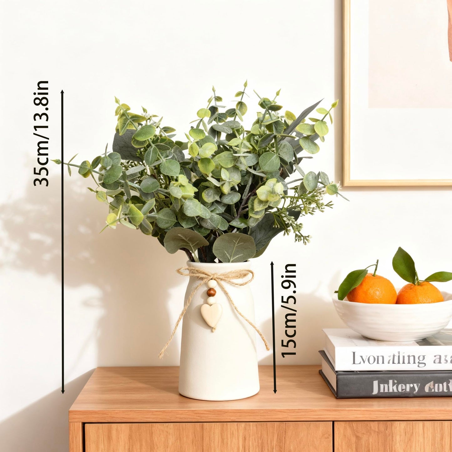 Artificial Silver Dollar Eucalyptus Stems in White Ceramic Vase, 14" Tall Faux Eucalyptus Picks with Twine Bow & Wooden Heart Charm, Full Greenery for Home Decor, Table Centerpiece, Shelf & Office