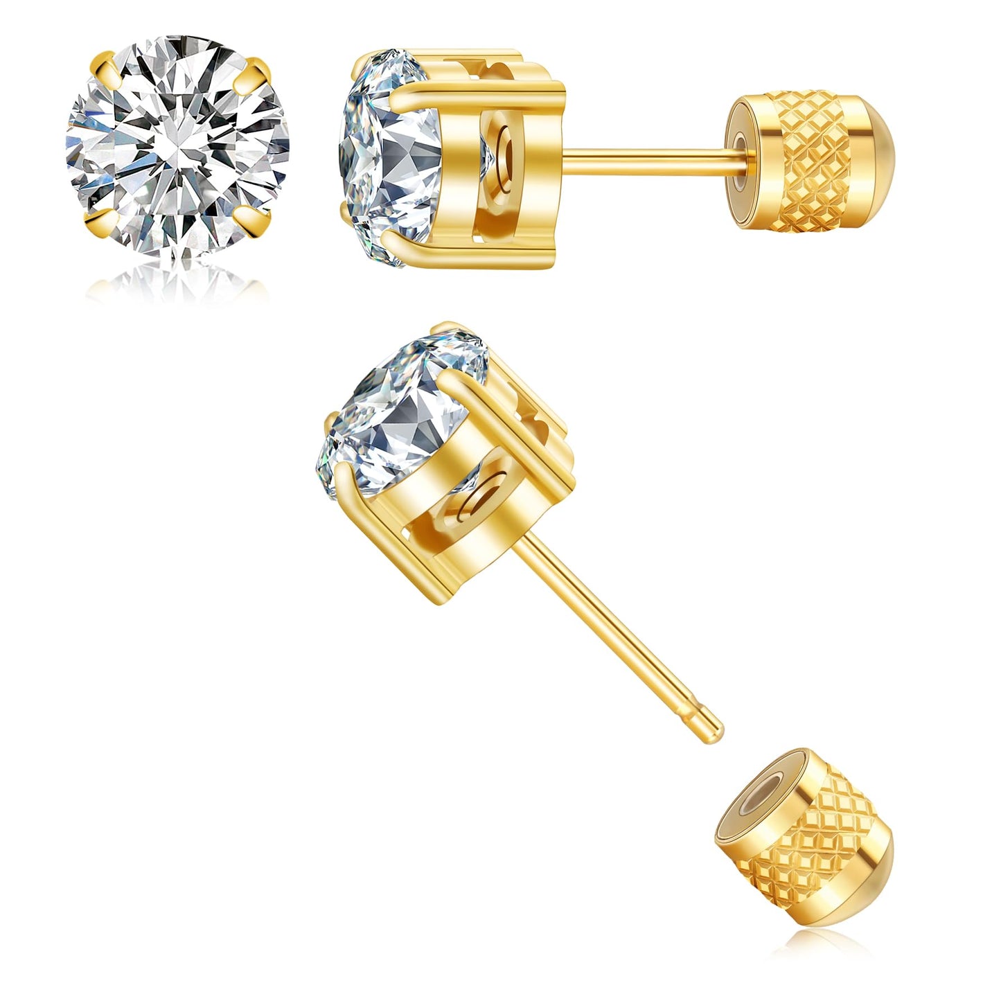 Hypoallergenic Threadless Flat Back Earrings,1 Pairs Cartilage Stud for Women Men Titanium Post 20G None Screw Easy Push in Gold Black Silver Stainless Steel Flatback with CZ 3-8mm (Gold Stud, 6mm)