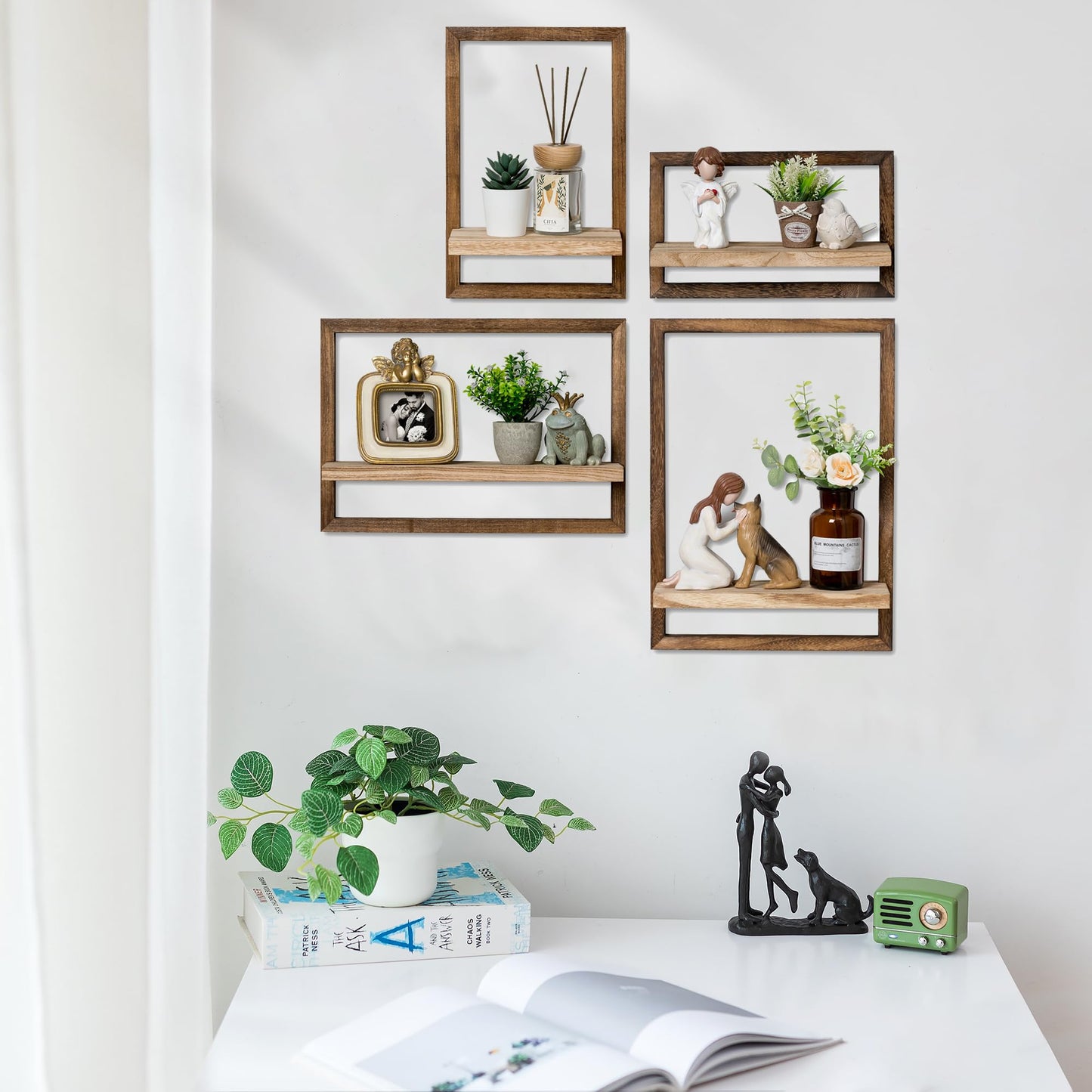 Walasis 4-Piece Wood Wall Shelves for Bedroom Farmhouse - Rustic Floating Shelf Decorative Storage Shelving Wall Mounted Decor with Frame for Living Room
