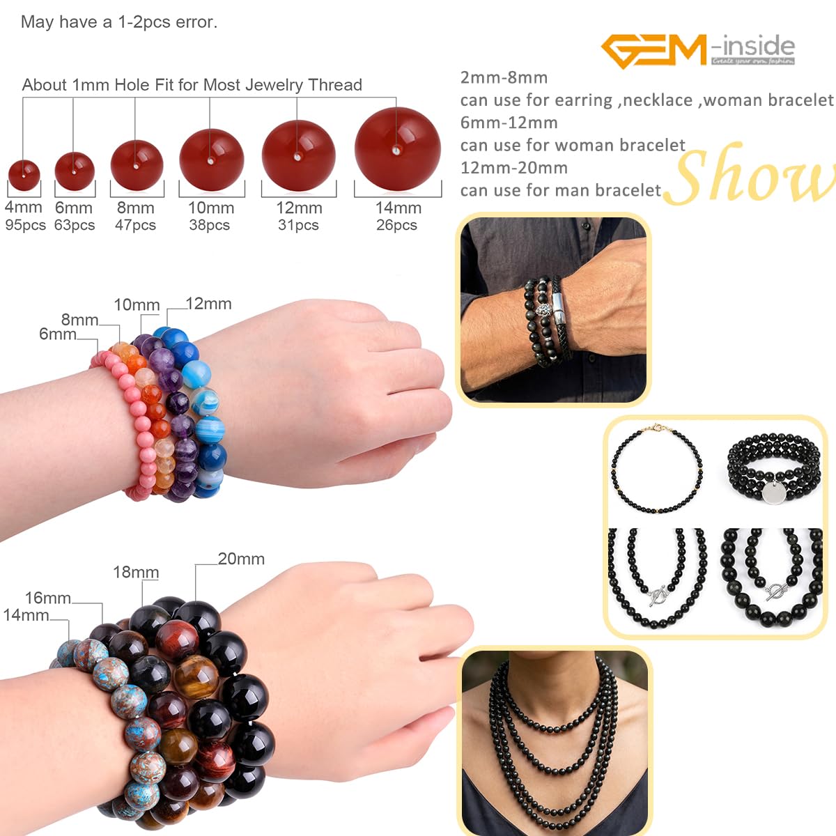 GEM-Inside Natural 18mm Black Obsidian Gemstone Loose Beads Round Energy Power Beads for Jewelry Making 15"