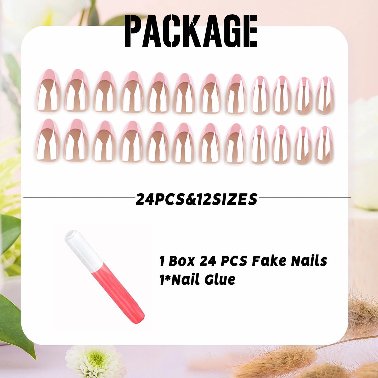 IMSOHOT Chrome Press on Nails Medium Almond Fake Nails Acrylic Pink French Tips False Nails Full Cover Glossy Nude Glue on Nails for Women 24Pcs