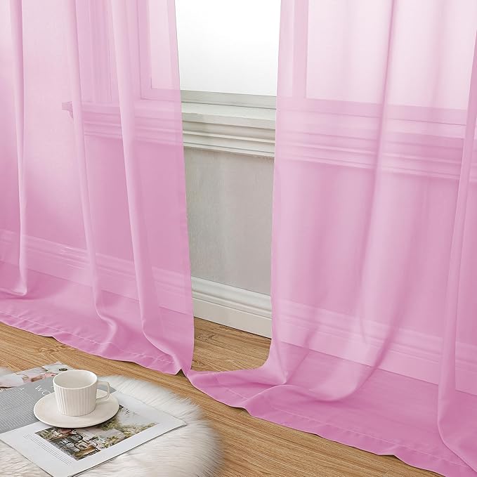 Aiyufeng Pink Sheer Curtains 54 inch Length Living Room Short Voile Drapes Solid Sheers Cafe Curtains Voile Bathroom Small Window Sheers 2 Panels Set, Rod Pocket, 40" Wx54 L