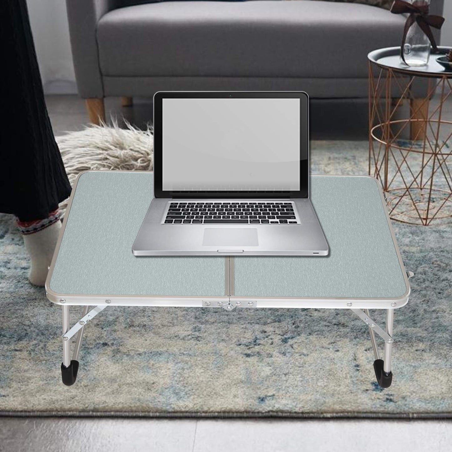 Jucaifu Foldable Laptop Table, Bed Desk, Breakfast Serving Bed Tray, Portable Mini Picnic Table & Ultra Lightweight, Folds in Half with Inner Storage Space (Silvery)