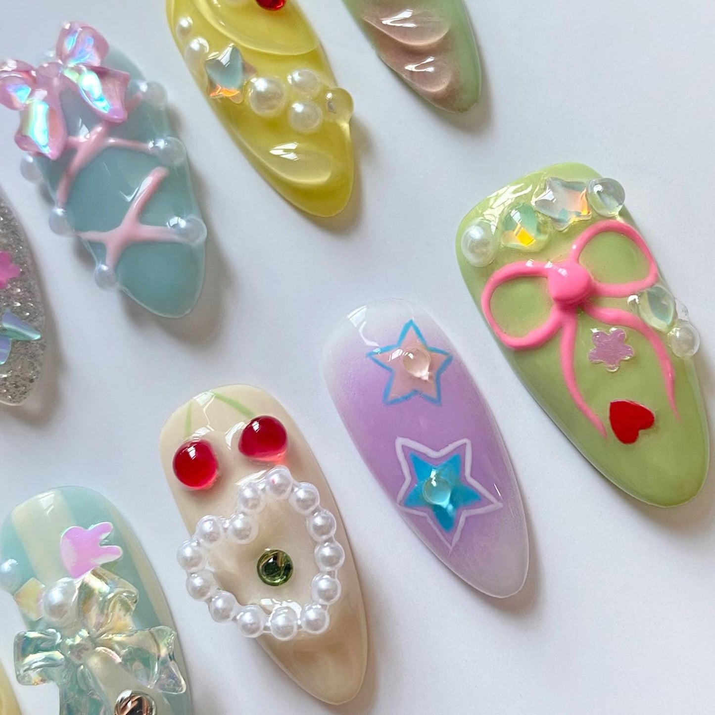 Luxury Press on Nails Cute Short Almond Handmade Nails 3D Unique Reusable ABS Material Fake Nails Bow Star Heart Pearl Charm False Nails with Designs Glossy Thick Acrylic Nails(M)