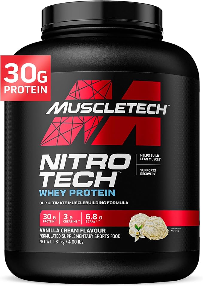 Muscletech Whey Protein Powder (Vanilla Cream, 4 Pound) - Nitro-Tech Ultimate Muscle Building Formula with Whey Protein Isolate & Peptides - 30g of Protein, 3g of Creatine & 6.8g of BCAA