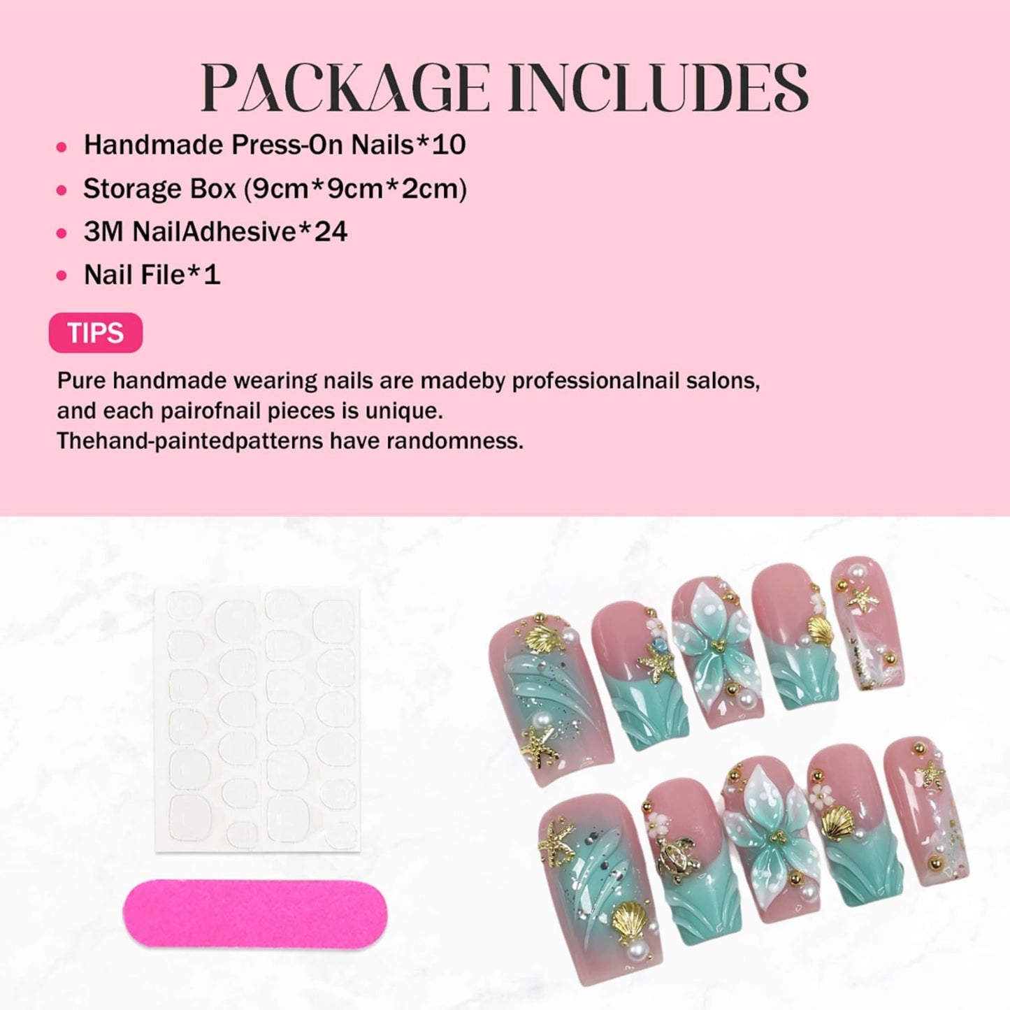 Luxury Handmade Press on Nails Medium Square Fake Nails Blue French False Nails with Ombre 3D Flower Art Design Acrylic Nails Handmade Stick on Nail for Women Manicure 10Pcs (Size M)