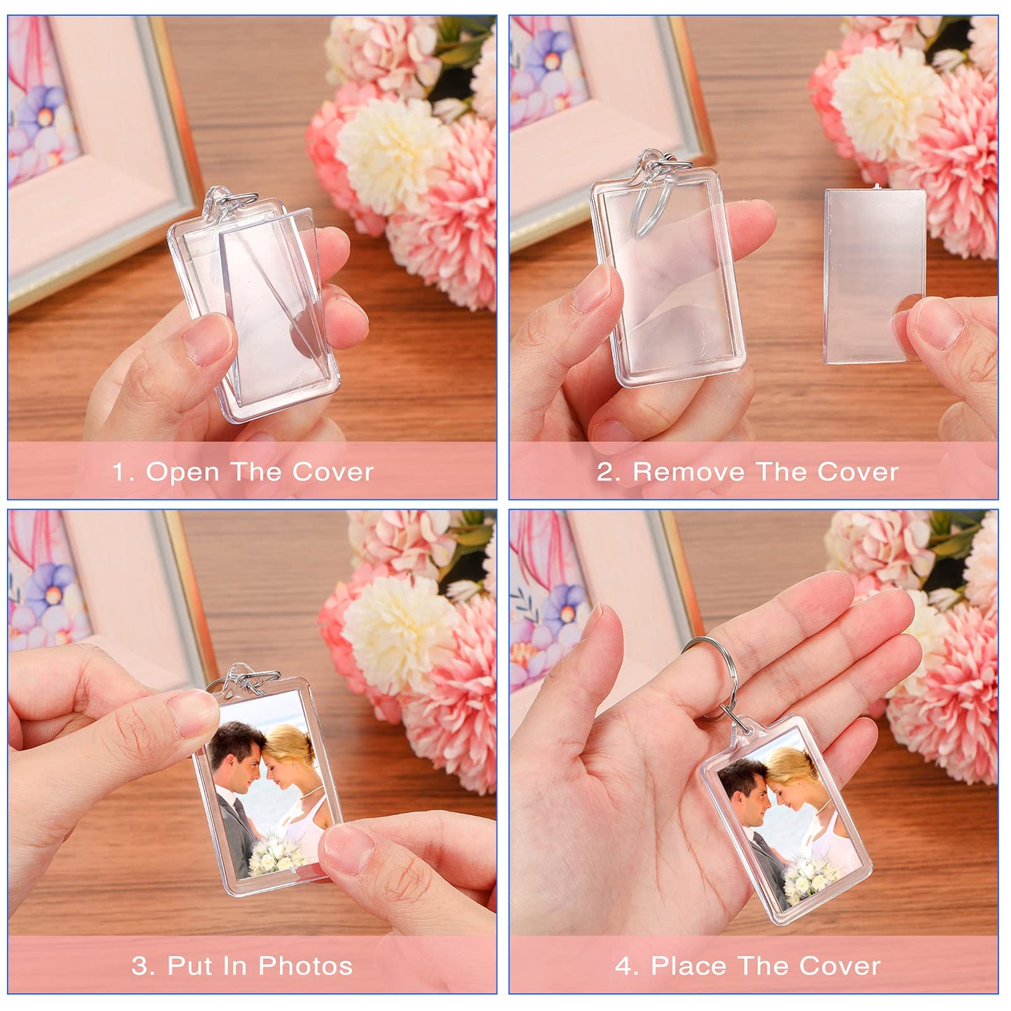 Yaomiao 50 Pcs Acrylic Photo Frame Keychain Holder 1.3 x 2 Inch Photo Picture Insert Blank Keyring for DIY Craft