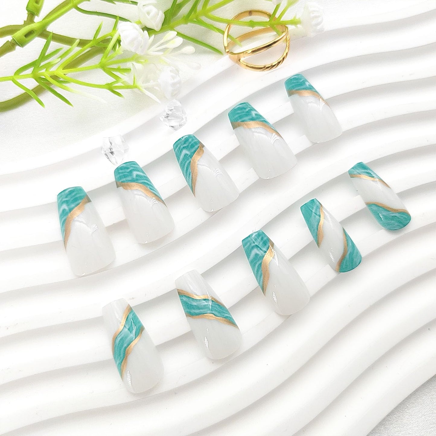 Coffin Press Ons Medium Fake Nails - Gold Line Designs, Light Blue Smudge Nails, Press Ons with White Glue, Glossy Full Cover Artificial Stick On Nails - 24PCs