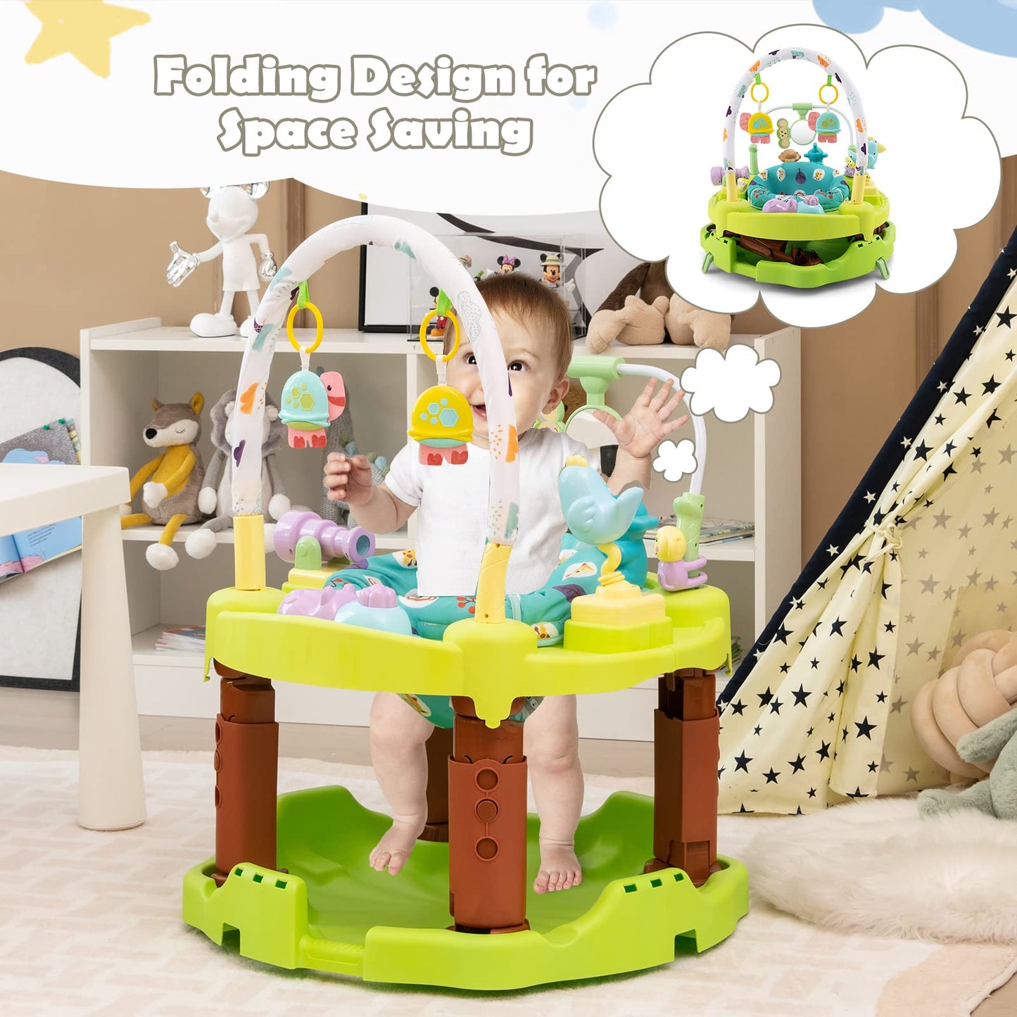 HONEY JOY Baby Bouncer Activity Center, 3-Stage Bouncing Activity Saucer & Playtime Mat & Activity Table, Toy-Bar, 3 Adjustable Heights, Foldable Activity Center for Infants & Toddlers(Green)