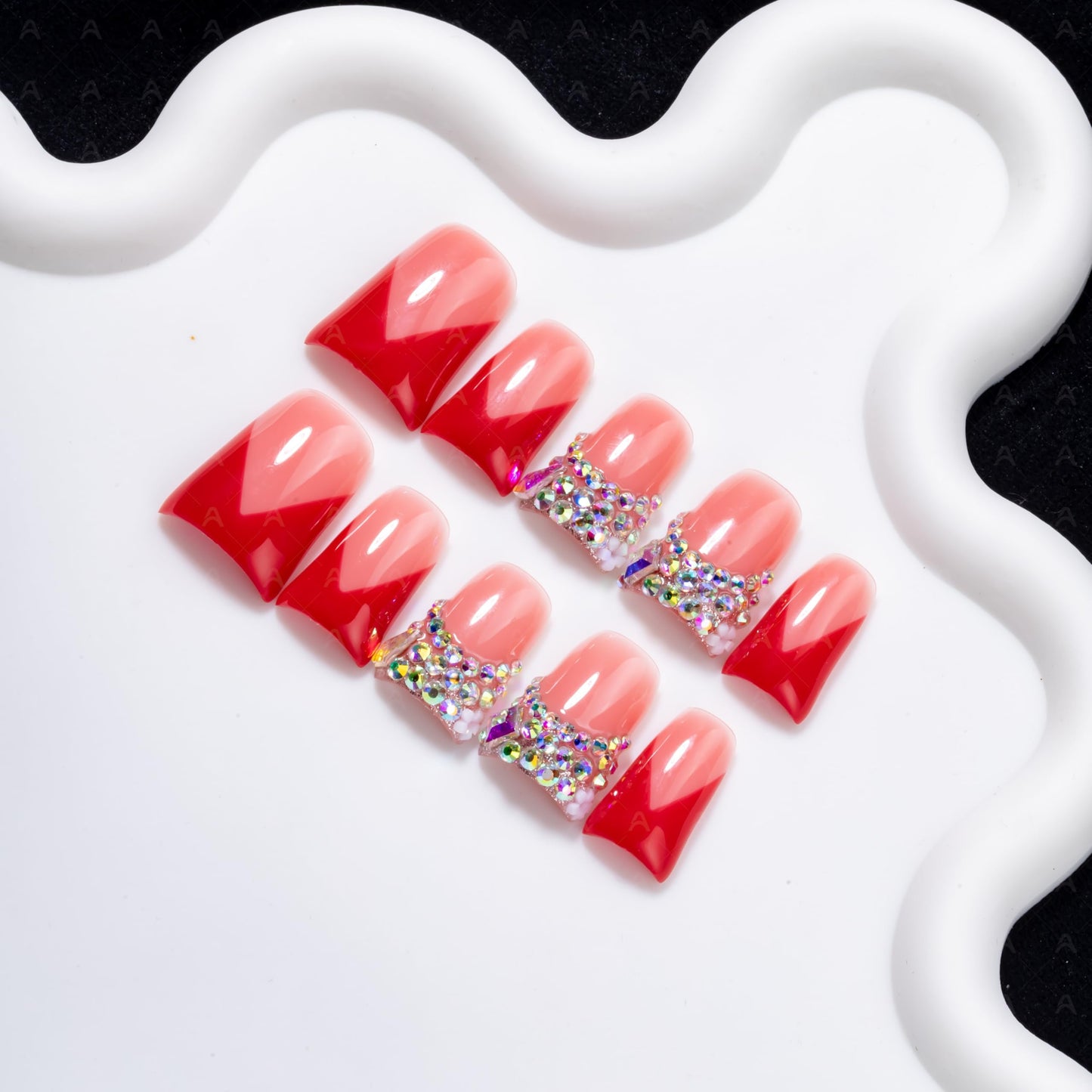 IntoVibes Handmade Short Duck Press On Nails, Red French Tip with Rhinestones And Y2K, 10 Pieces Reusable Acrylic False Nails, Size Medium