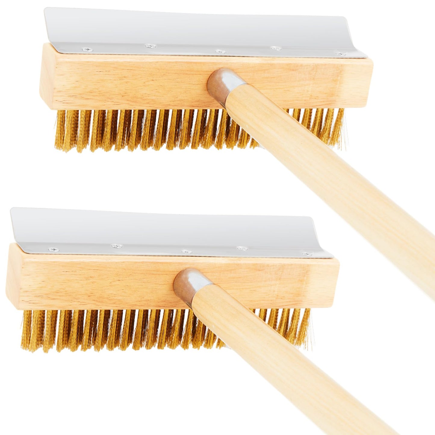Reallnaive 2 Pack 37 Inch Wood Handle Pizza Oven Brush with Scraper Outdoor Pizza Oven Cleaning Brush Tool, Aluminum Threaded Tip, Brass Bristles with Steel Scraper