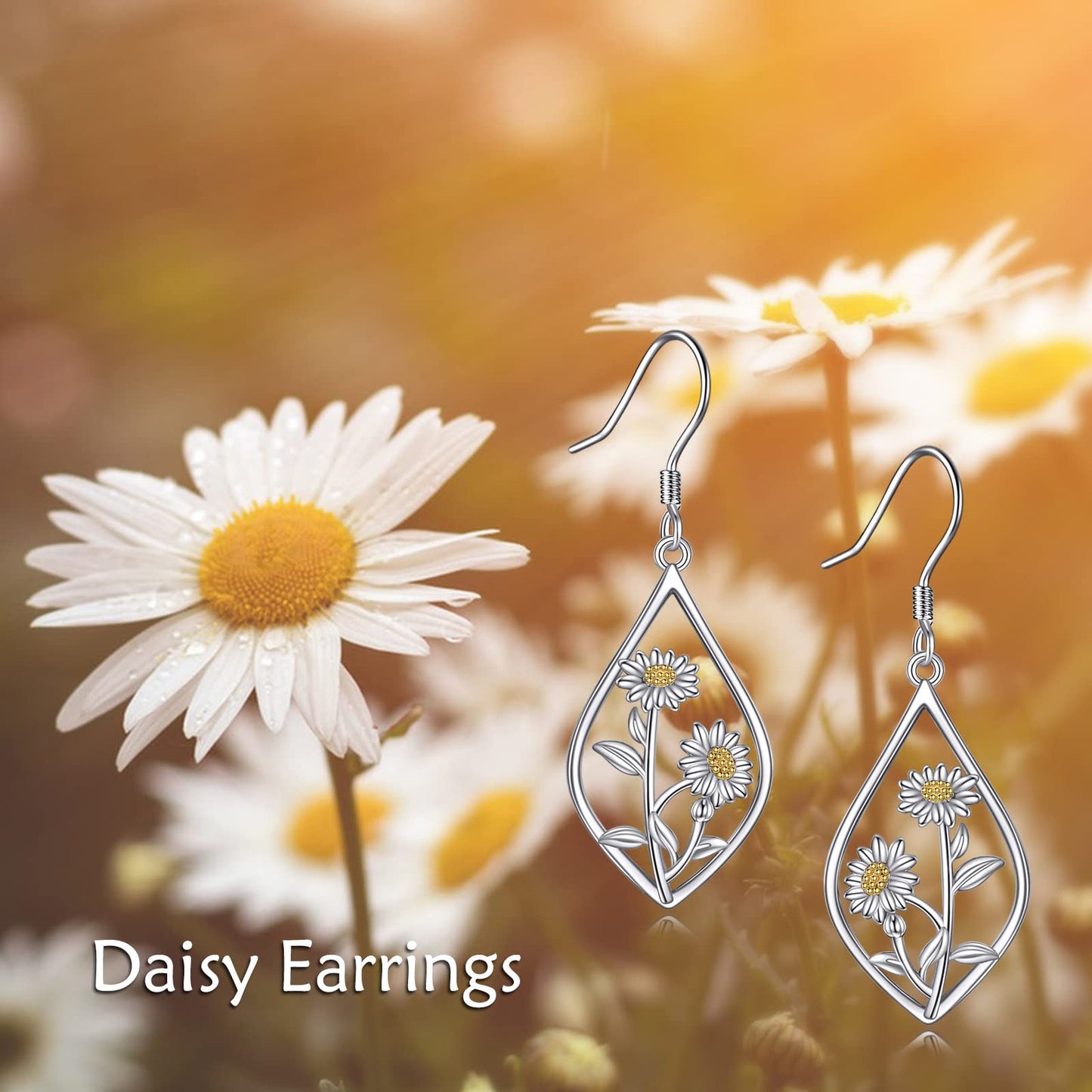 Daisy Earrings 925 Sterling Silver Daisy Flower Floral Dangle Dangling Drop Charm Earrings Boho Jewelry Gifts for Women