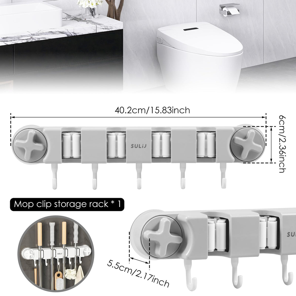 Broom Holder Wall Mount Sturdy Mop and Broom Organizer with 4 Racks and 5 Hooks Vacuum Suction Cup Broom Mop Holder for Home