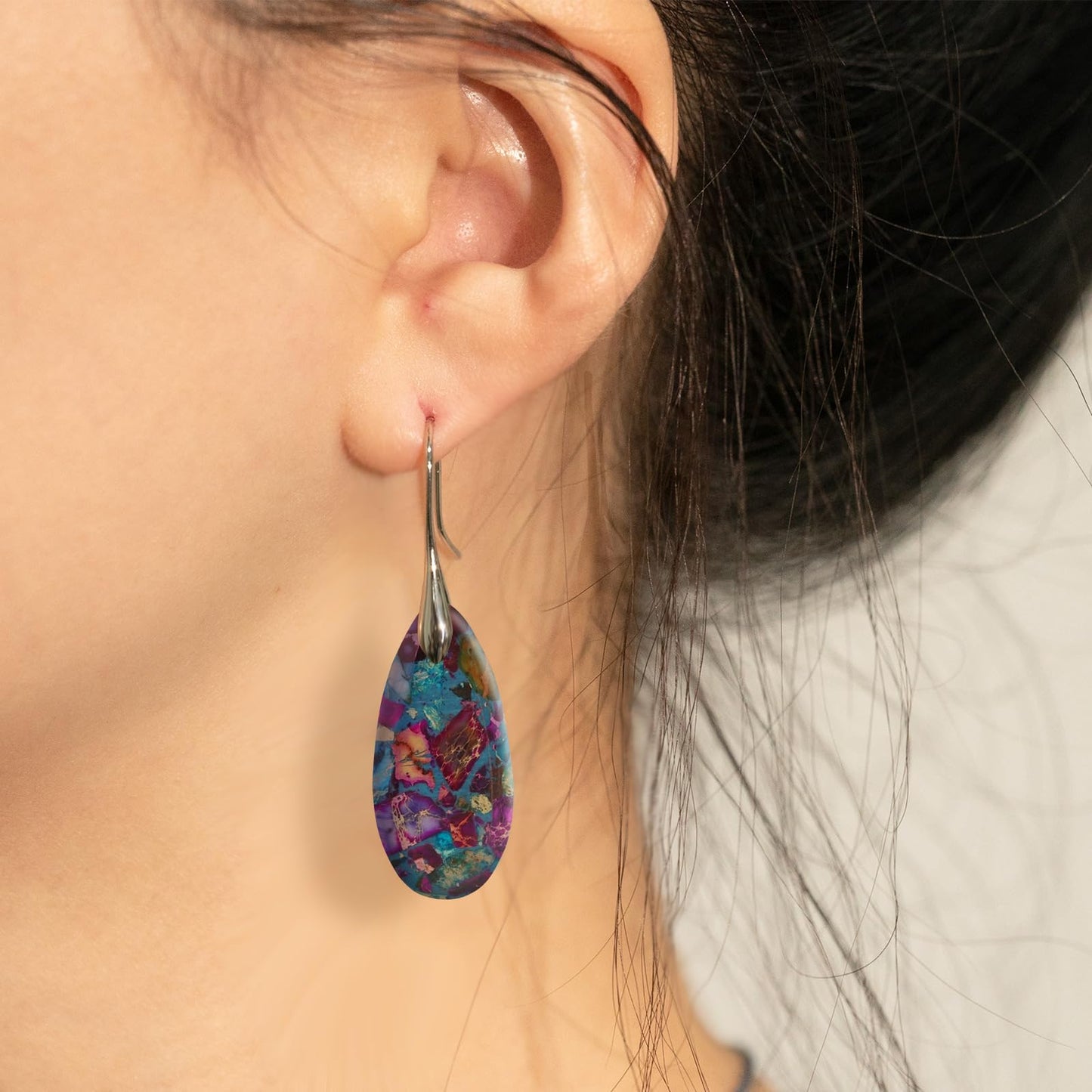Sriomu Natural Healing Stone Fishhoop Dangle Drop Earrings Statement Gold silver earrings
