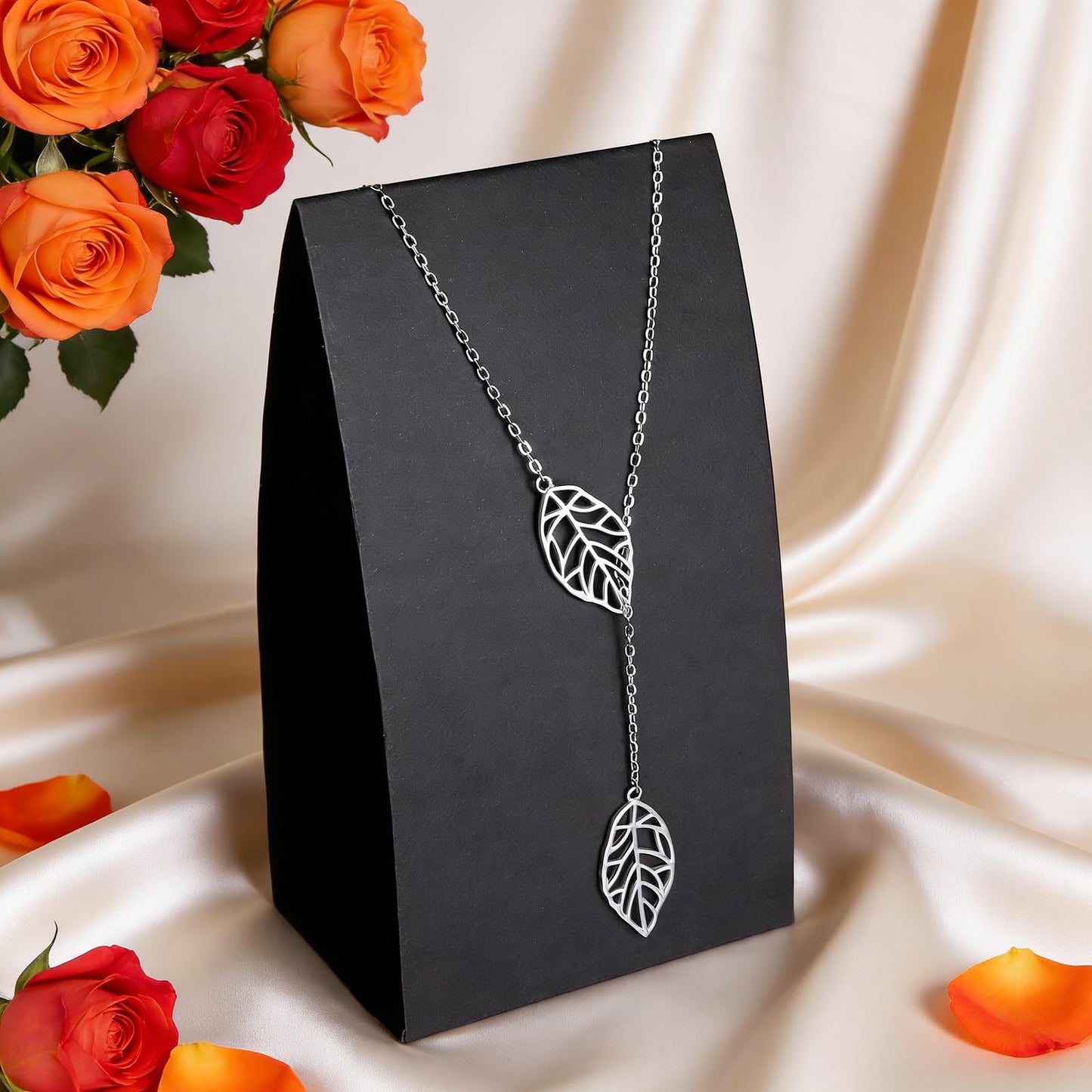 DAOCHONG Long Necklace Sterling Silver Leaf Larait Bar Y Lariat Long Chain Drop Adjustable Necklace for Her, 30"