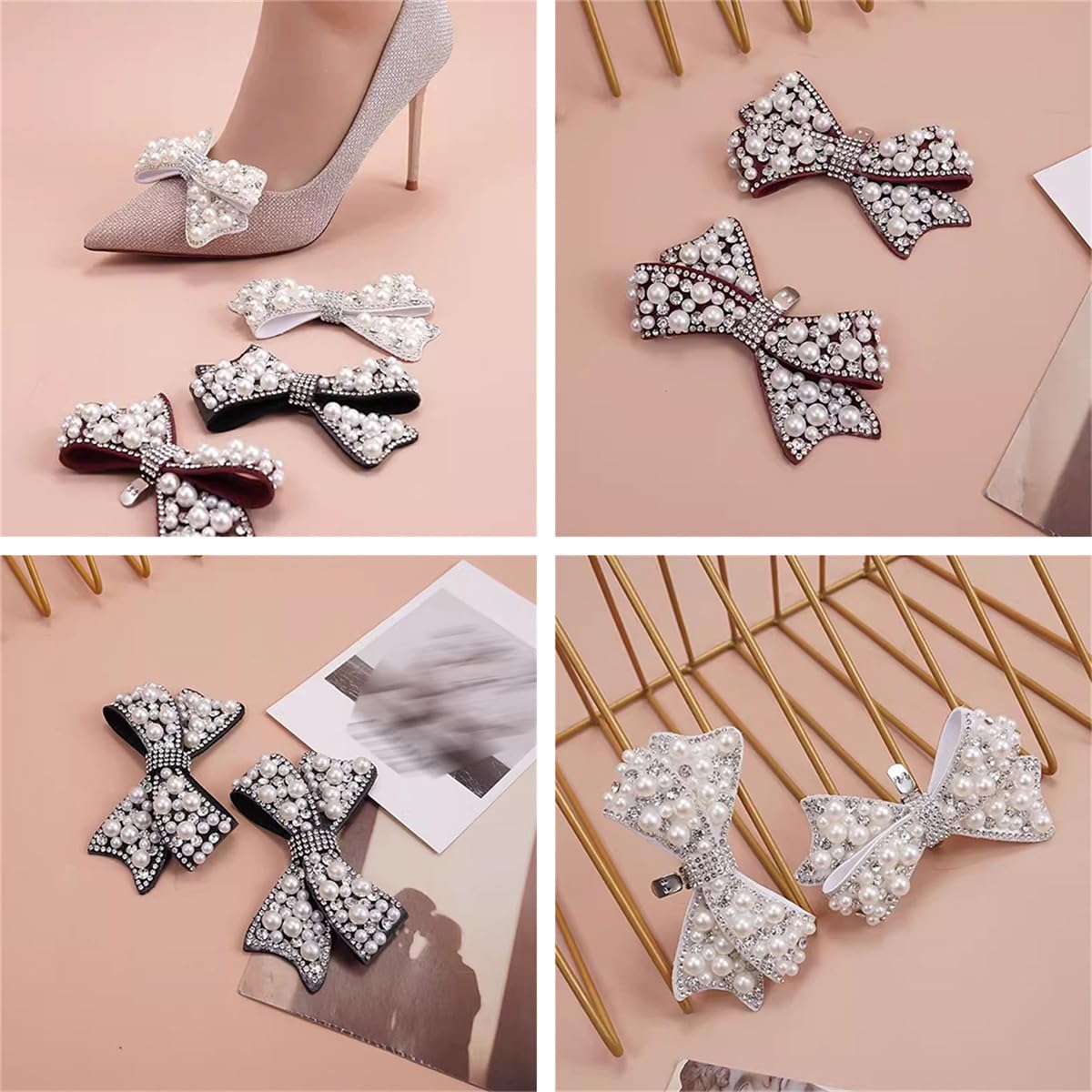 2 Pcs Pearl Bow Shoe Clips DIY Rhinestone Shoe Clips Bridal Wedding Shoe Accessories Detachable Shoe Buckle Heels Decor Beige White