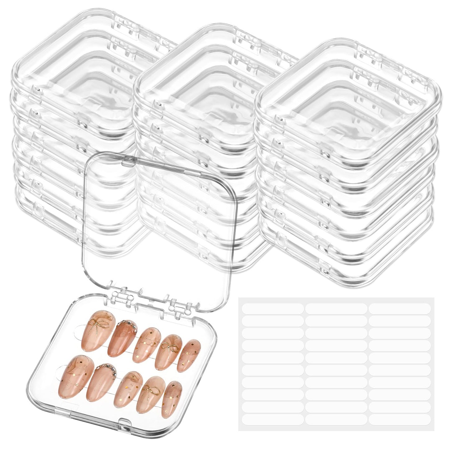 PEOVLVN 20pcs Press on Nail Storage Box Press on Nails Packaging Fake Nail Storages Case with 90 Pcs Adhesive Double Sided Tape for Fake Nail Storage Nail Display Nail Salon