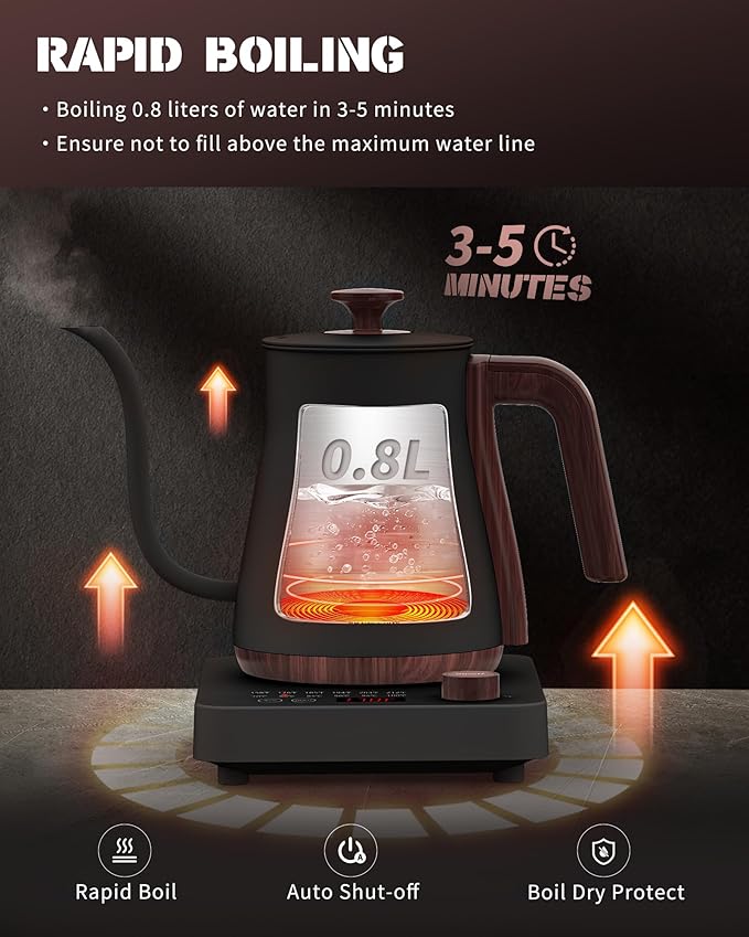Electric Kettle, Electric Gooseneck Kettle with 6 Temperature Control Presets and LED Display, 0.8L/27.05oz, 0.8mm Ultra-Fine Spout, 304 Stainless Steel Inner, 1000W Gooseneck Kettle, Matte Black