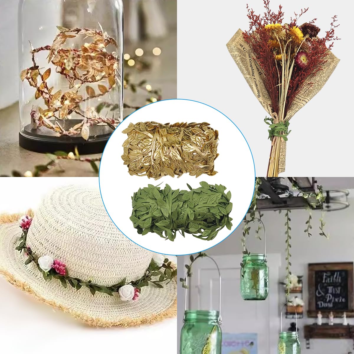 2 PCS Leaf Ribbons 43.7 Yard, lyfLux Leaves Leaf Ribbon Trim Rope, for for DIY Crafts, Wedding, Home Decor (Gold+Green)