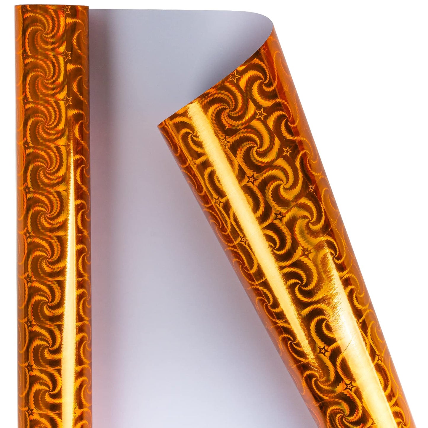 LeZakaa Fall Holographic Wrapping Paper Roll, Orange Gift Wrap with Swirl & Star Pattern Metallic Foil for Autumn, Thanksgiving, Birthday, Halloween, Wedding, Mini Roll 17 in x 32.8 ft