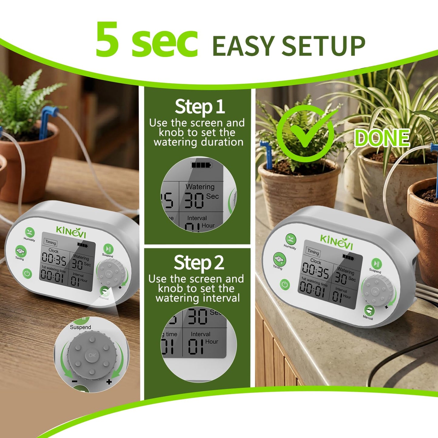 Automatic Plant Waterer, Plant Watering Device for 15 Pots, Indoor Plant Watering System, Auto Drip Irrigation Kit Programmable Water Timer with Smart Humidity Detection