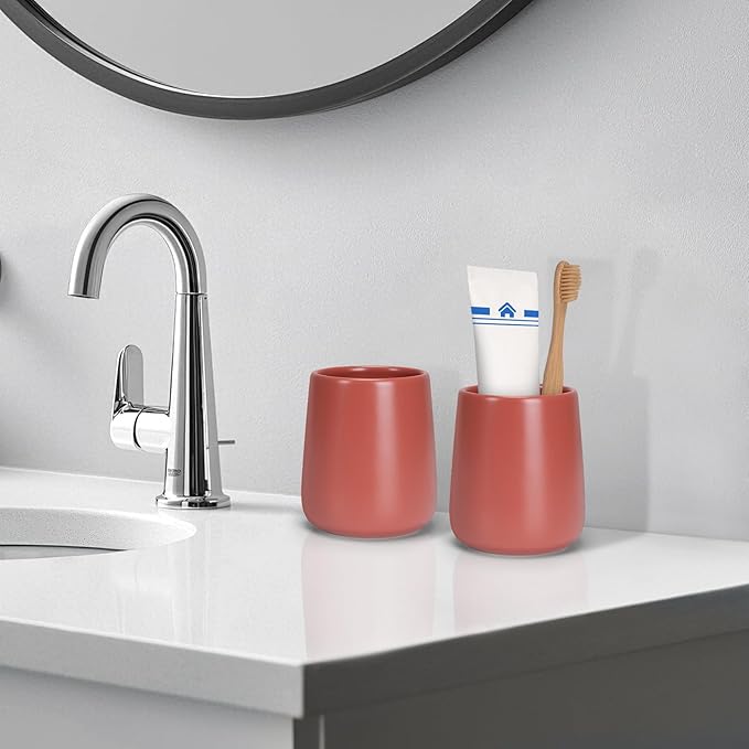 Bathroom Tumbler Cup Ceramic 13.5oz Reusable Toothbrush Cup 400ml,Toothbrush Holder Adequate for Your Bathroom (Red)