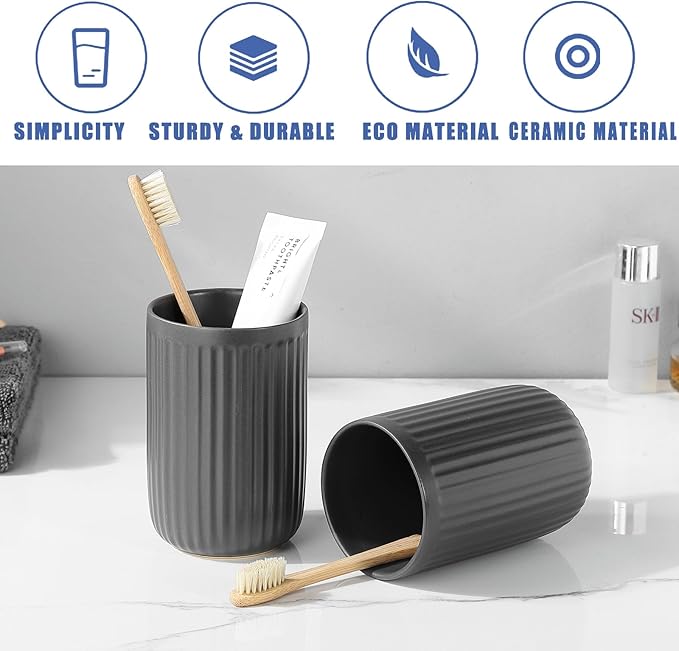 Grey Toothbrush Holders for Bathrooms - 2 Cups Ceramic Toothbrush Toothpaste Holders Set, White Bathroom Tumbler Cups Reusable Toothbrush Mouthwash Cup, Bathroom Counter Organizer.