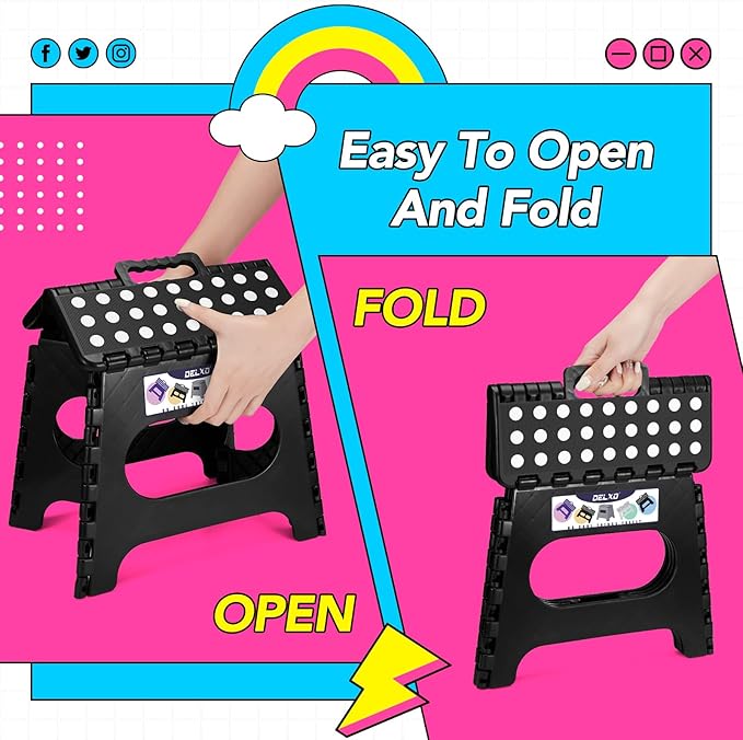 Delxo Folding Step Stool 11 Inch 2 Pack, Black Non-Slip Foldable Stools for Kids & Adults Up to 300 LBS, Step Stool with Handle, Lightweight for Kitchen/Bathroom/Bedroom/Garden