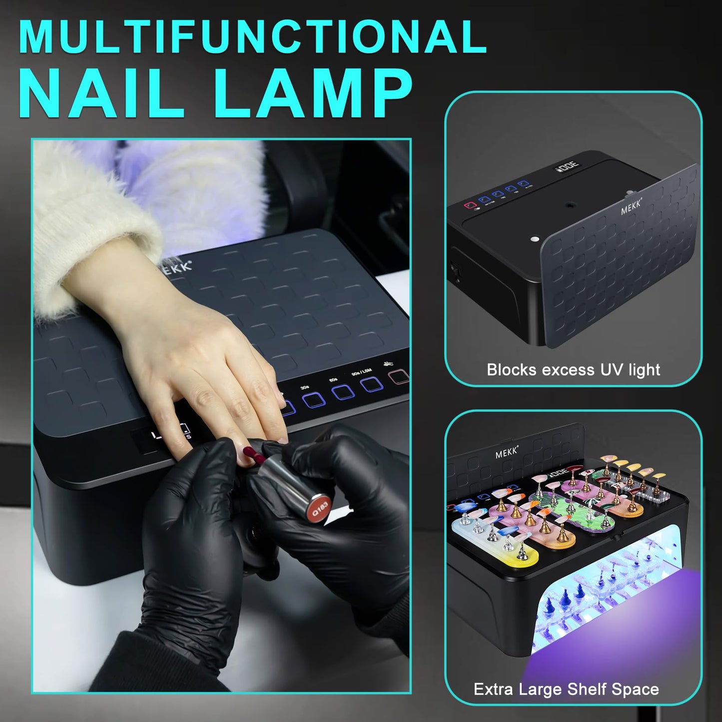 MEKK Professional UV LED Nail Lamp - Luxury Cordless UV Light for Gel Nails with Red Light Skincare,4+2 Timer Modes,Two-Hand Design, Nail Lamp for Salon & Home-Black
