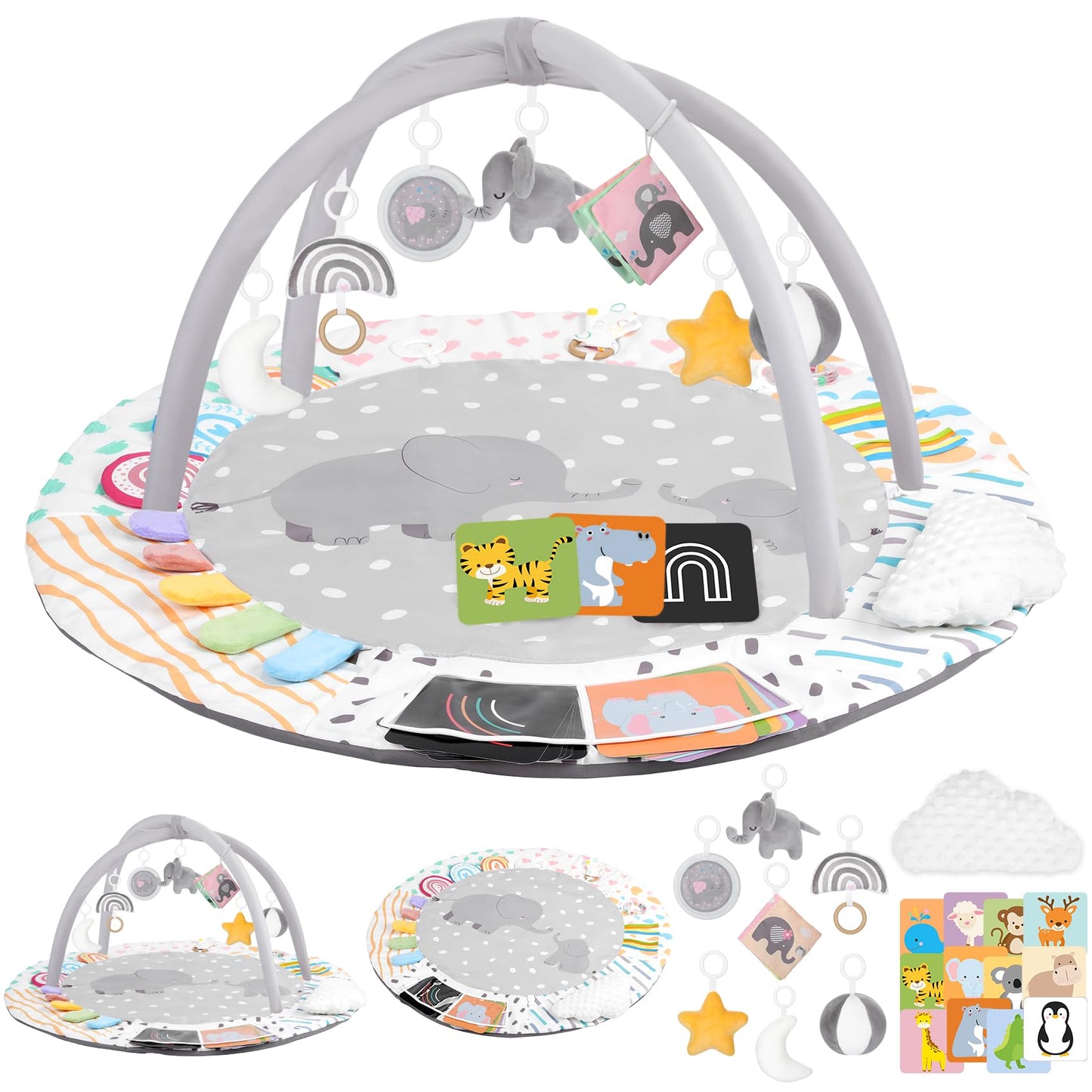 Baby Play Gym & Activity Mat, Tummy Time Mat with Cloud Toy, 7 Detachable Sensory Toys and Educational Cards for Motor Skills & Sensory Development, Baby Essentials Shower Gift, Grey Elephant