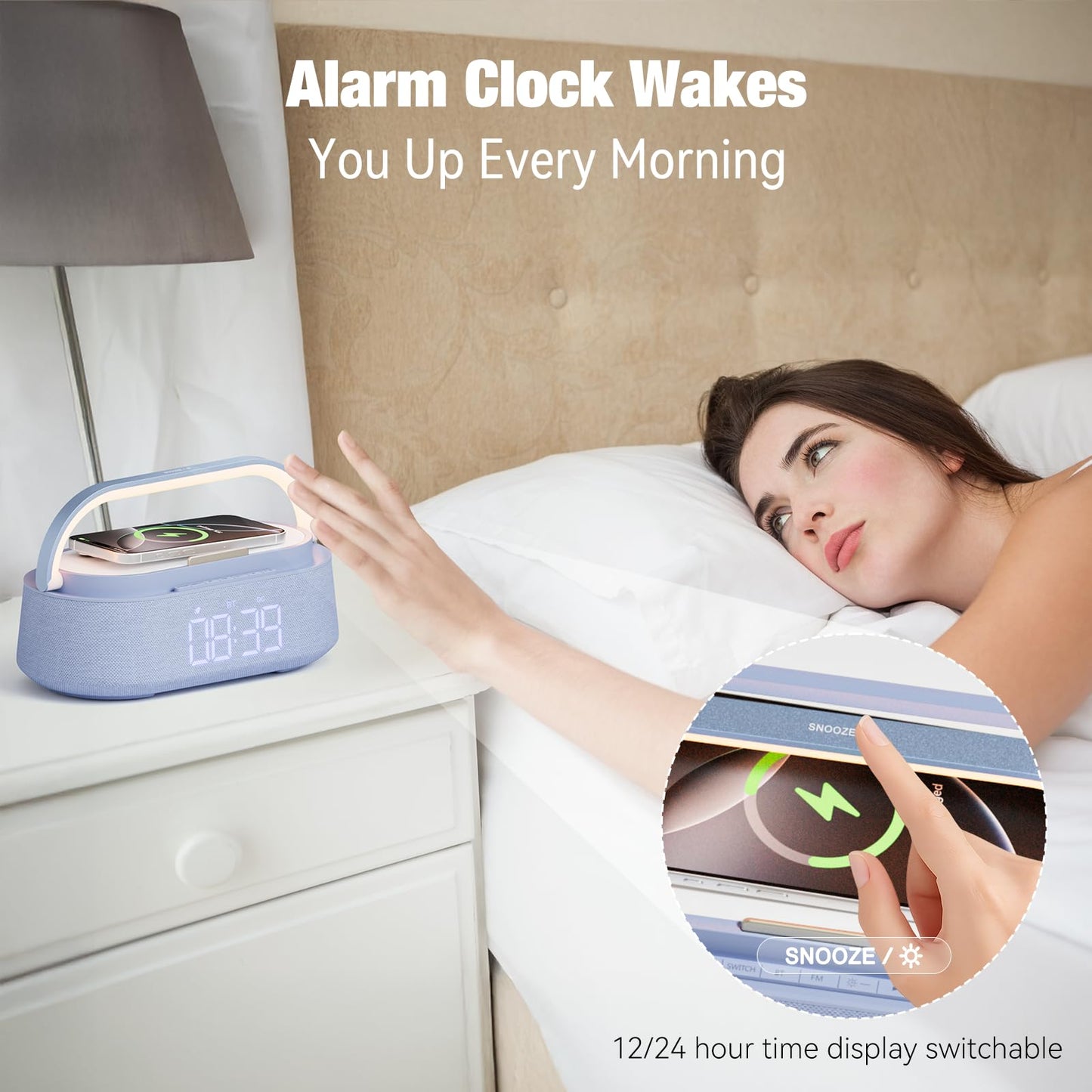 FREEFISH 6-in-1 Bluetooth Speaker with Wireless Charging, FM Radio,Bedrooms Dimmable Nights Light, Snooze Function for Home, Office, Wireless Charger Compatible iPhones 16/15/14/13/12