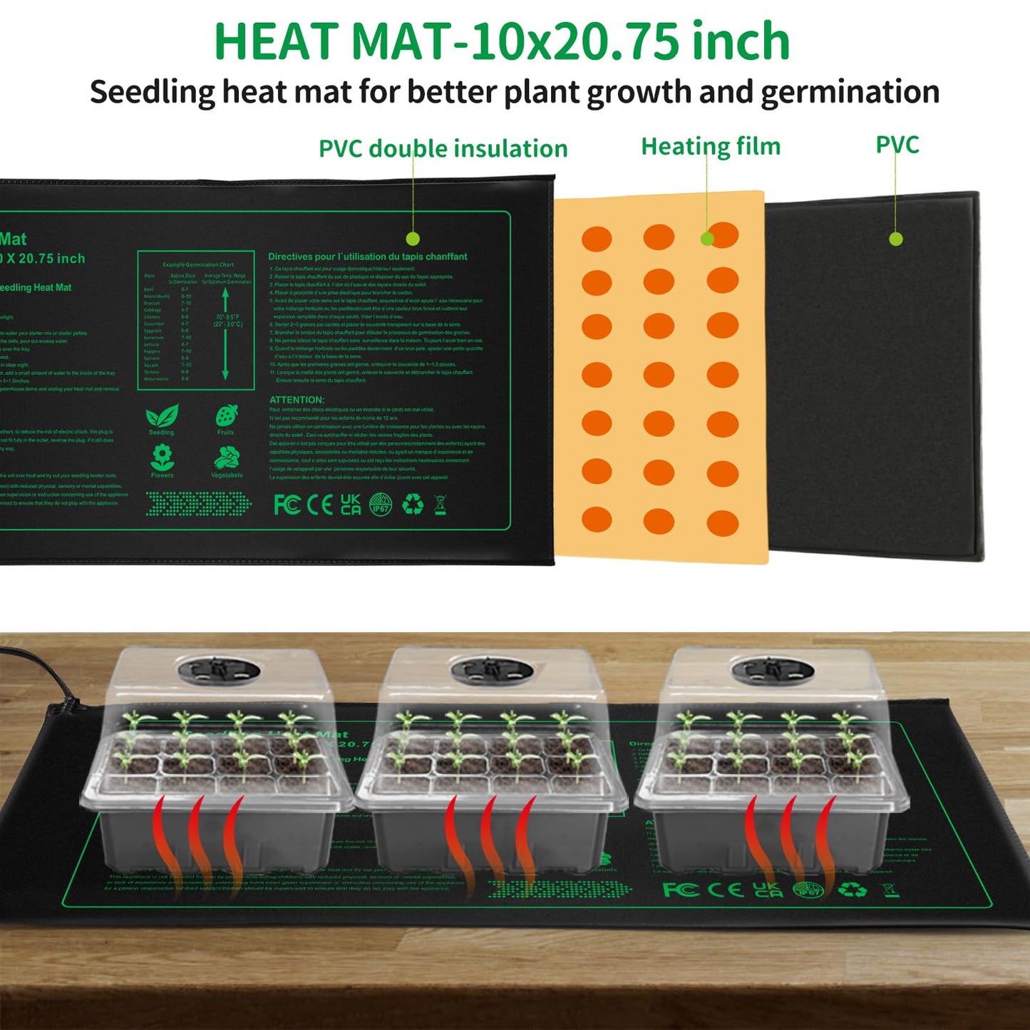 NAMOTEK 5 Pack Seed Starter Tray with Heat Mat and Grow Light Humidity Domes, 60 Cell Trays Germination Station Cloning Kit