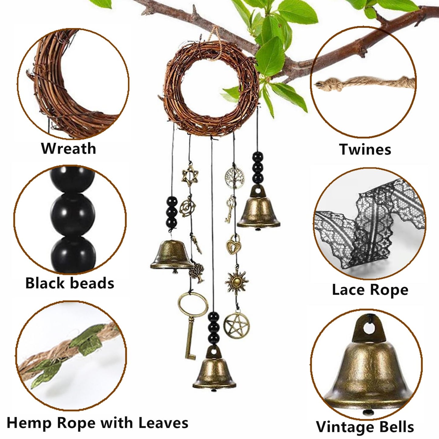 69 Pcs Witch Bells DIY Kit Decor Door Knob Hanging Witchcraft Protection Witchy Wind Chimes Wreath Decorations