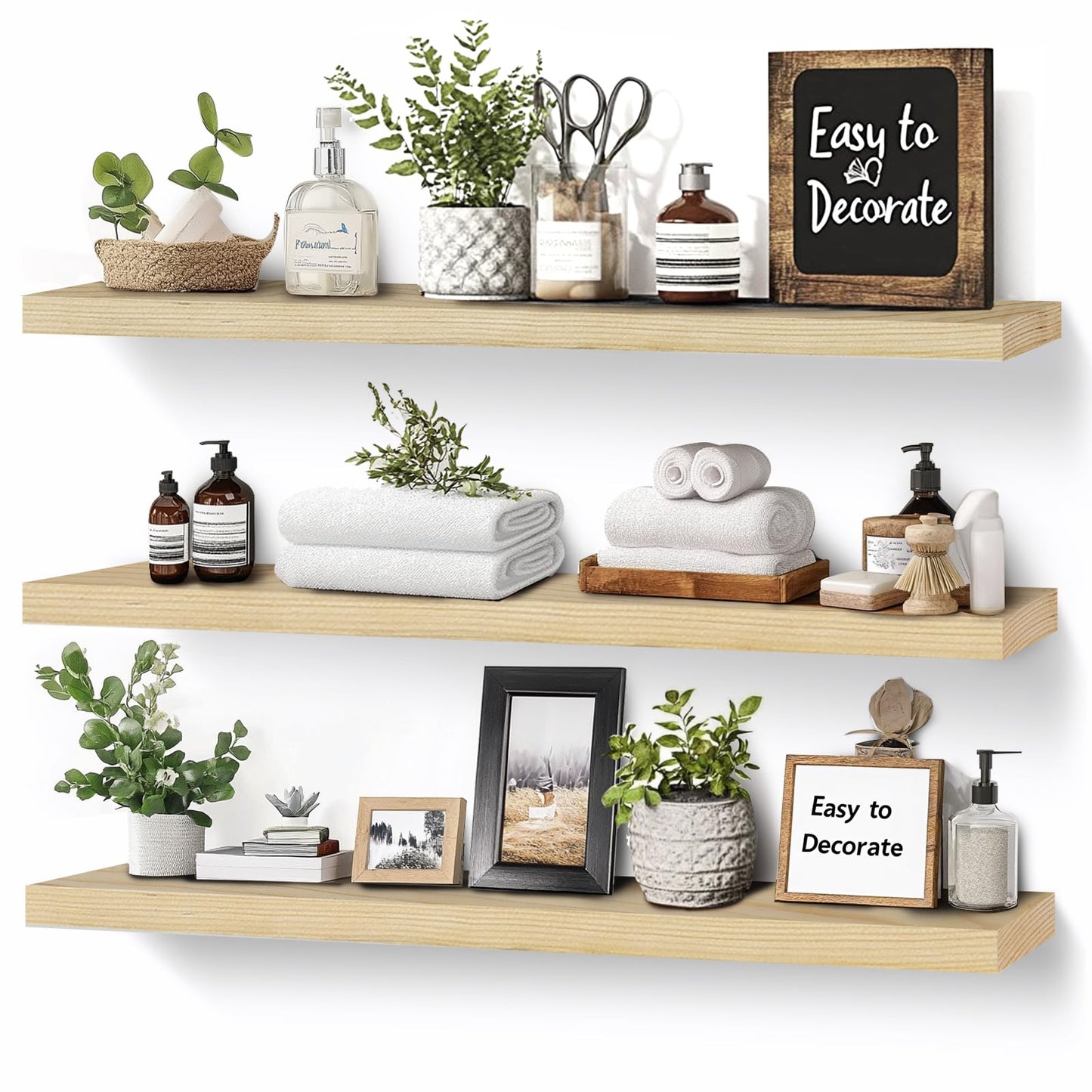 ABSWHLM Floating Wall Shelves 3-Pack - 24-Inch Rustic Wooden Shelves for Storage and Décor, Easy Installation for Living Room, Bedroom, and Kitchen
